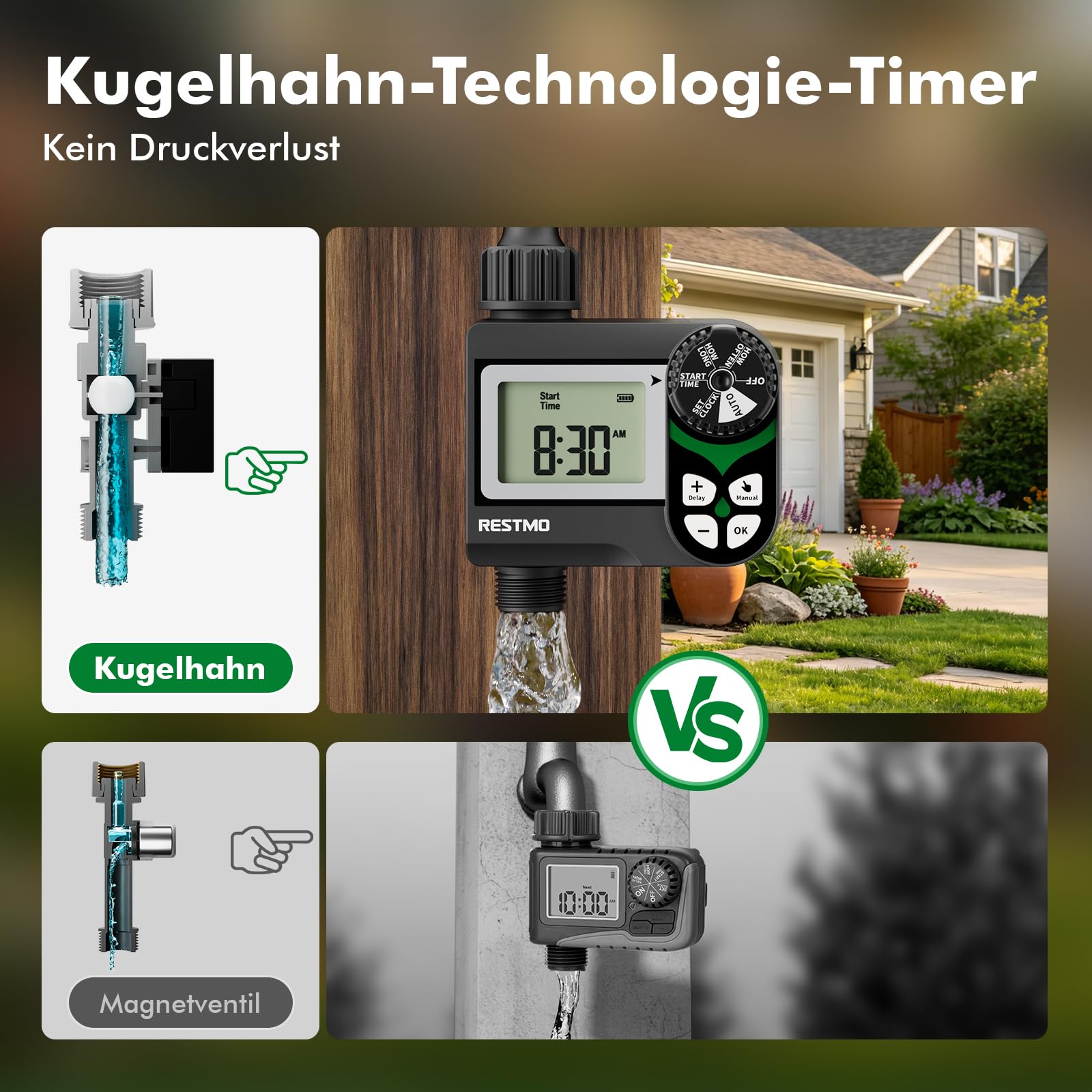 RESTMO Bewässerungscomputer mit druckverlustfreiem Kugelhahn (0-120 PSI), Intervall-Programm (2 Modi) & Regenverzögerung (24-72 h) – Gartenbewässerungssystem für Regentonnen, Hochbeete, Rasen