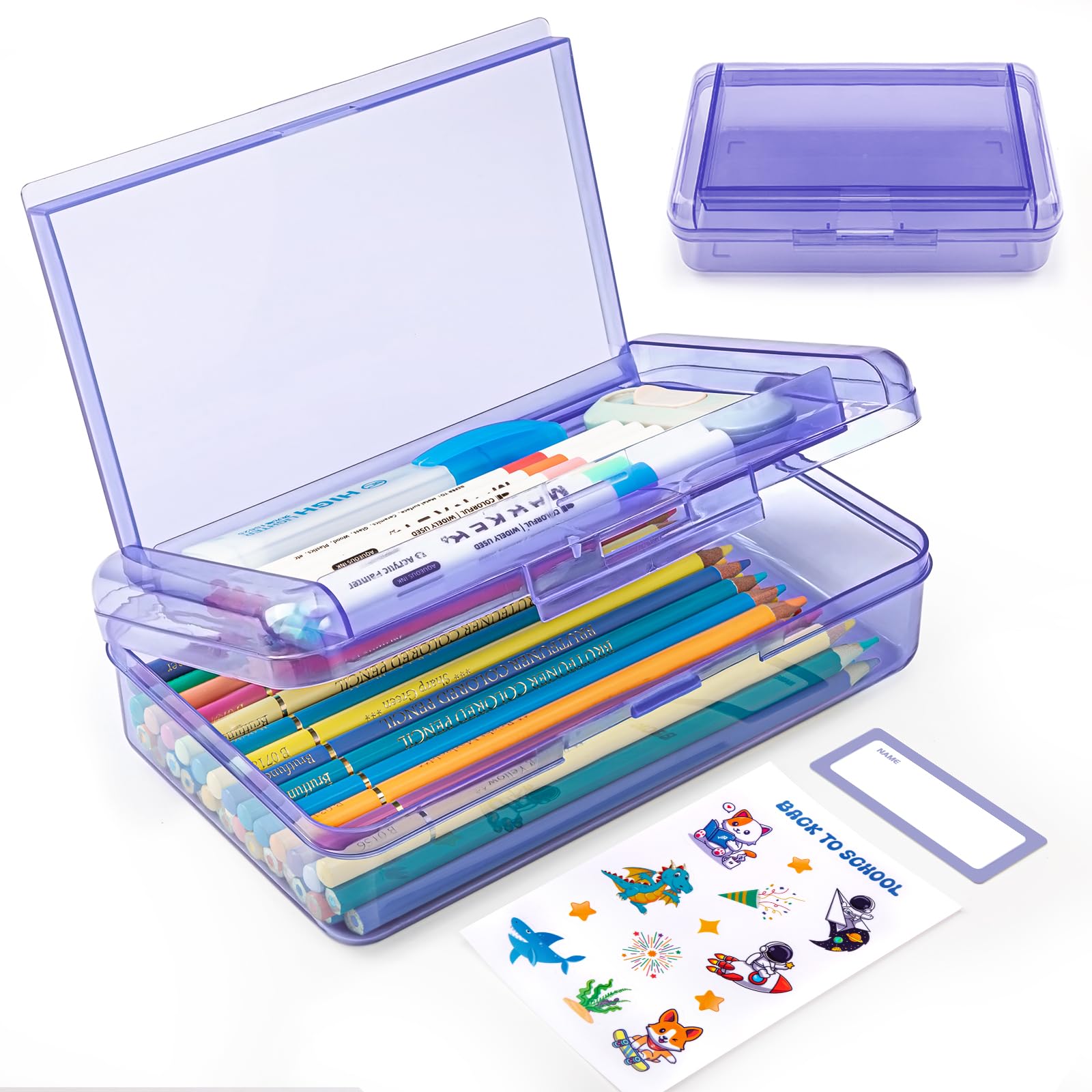 Double Layer Plastic Clear Hard Pencil Cases Box with Personalized sticker