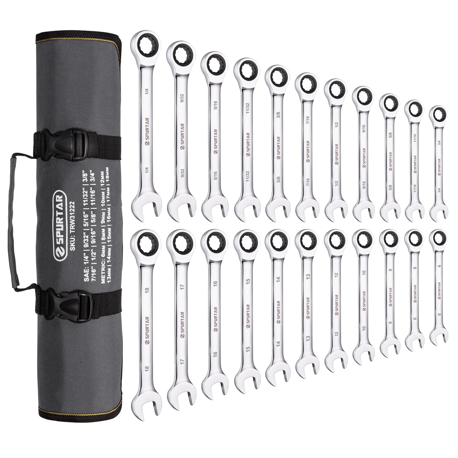 22 Pieces Ratchet Spanner Set Ratchet Wrenches Set 6-18mm & 1/4''-3/4'' Ratcheting Wrench Set 72 Teeth CR-V Steel Mirror Finish Combination Wrench Sets with Portable Carrying Bag
