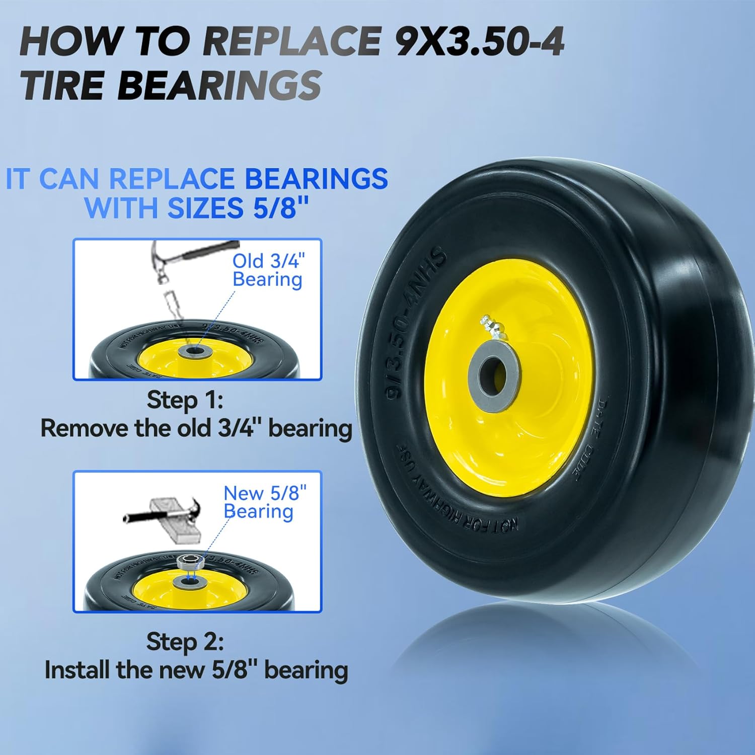 9x3.50-4 Flat-Free Lawn Mower Tire, Heavy-Duty PU Solid Tires with 3.5"-4" Centered Hub, 3/4" and 5/8" Axle Bore, 9" Solid Rubber Tire for Zero-Turn Mowers, Garden Carts, Yellow, 2pcs