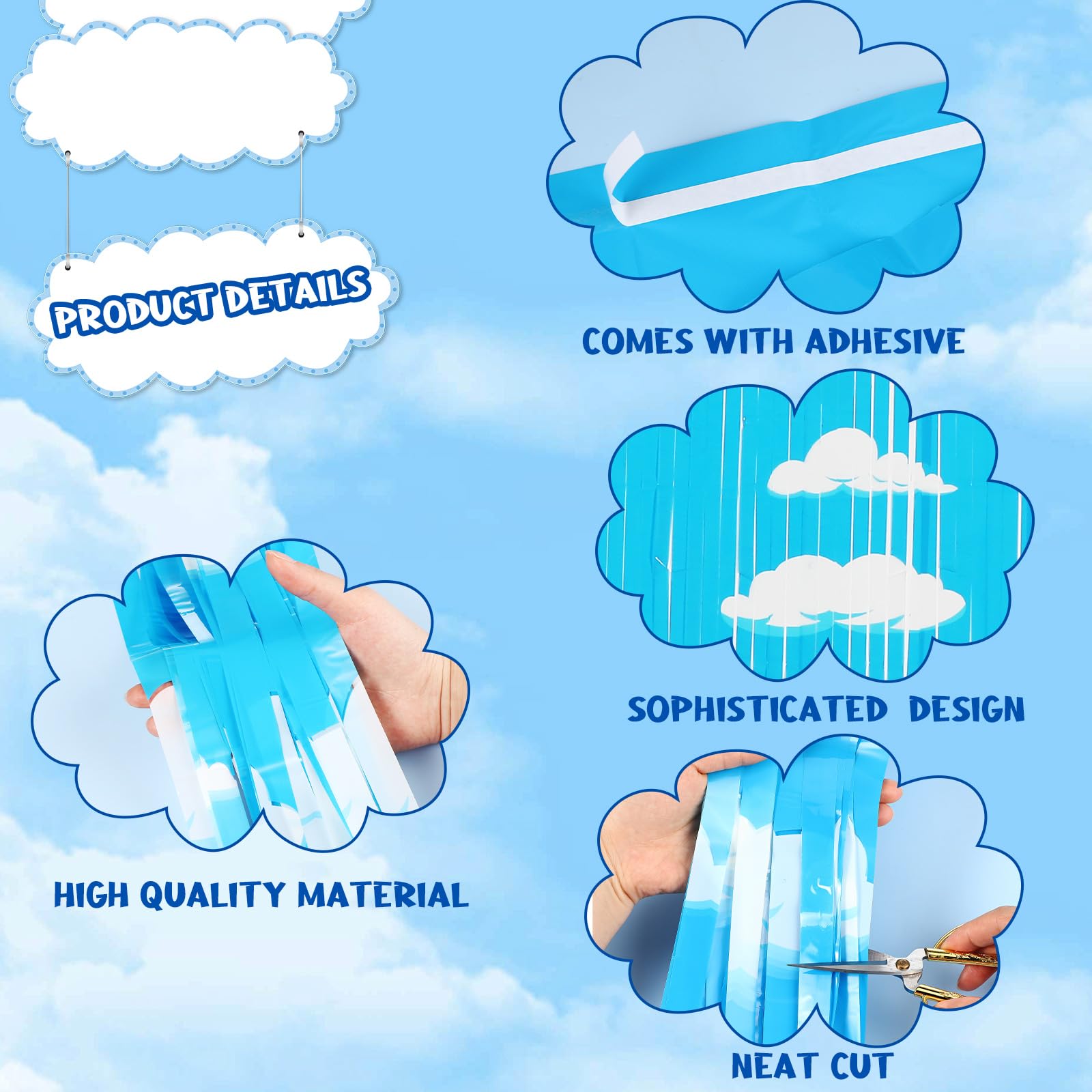 XunYee Paquete de 5 Cortinas de Flecos de Papel de Aluminio con diseño de Nubes Blancas y Cielo Azul, Cortinas de Historias de Dibujos Animados, Decoraciones de Fiesta de cumpleaños para Baby Shower