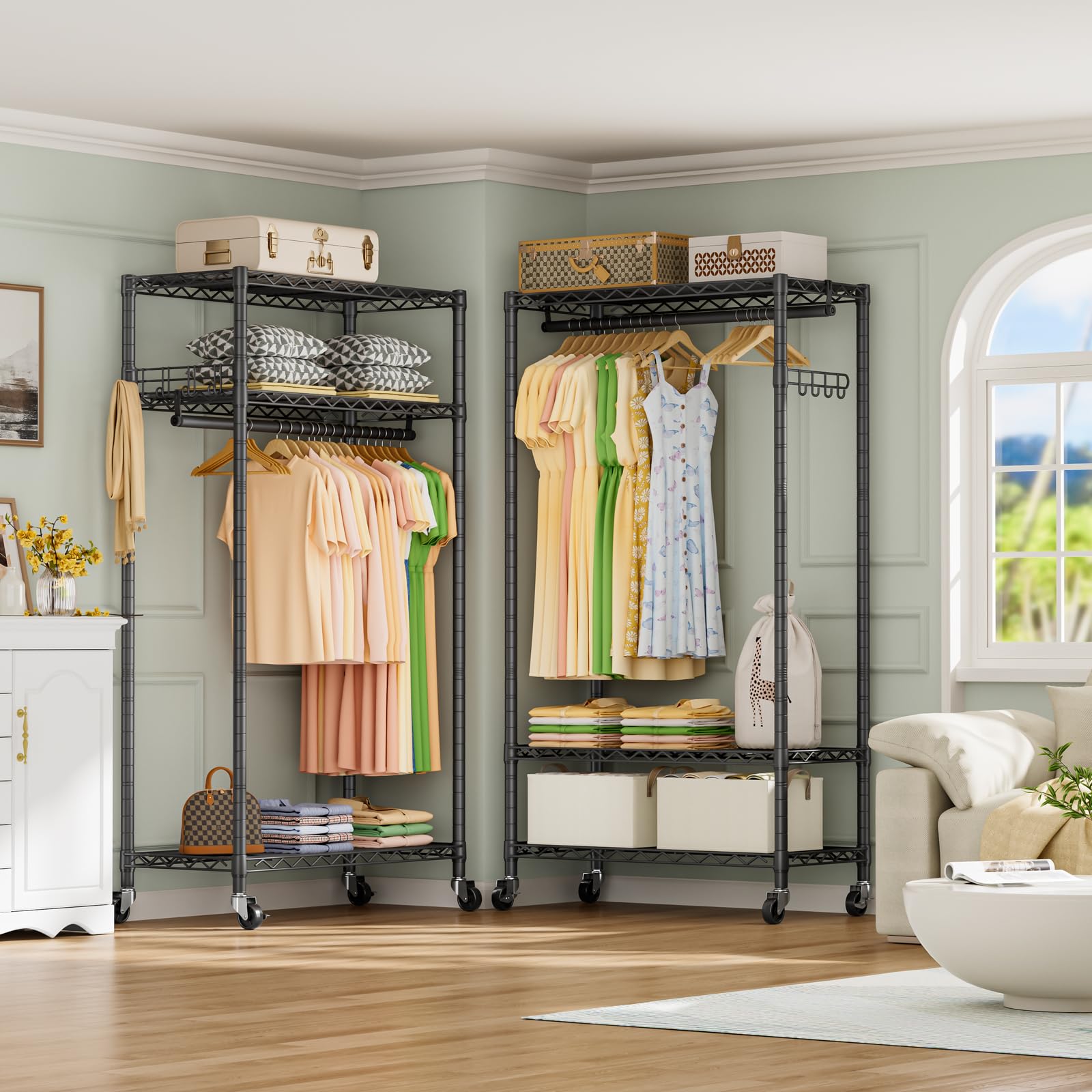 Heavy Duty Clothes Rack Rolling Garment Rack,3 Tier Adjustable