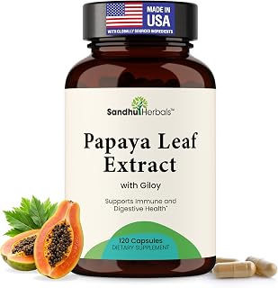 SANDHUHERBALS Papaya Leaf Extract for Platelet, Spleen Support, Immune, Gut & Super Digestive Health | with 10X Strength Contains Giloy | 120 Vegetarian Capsules for Men & Women | Manufactured in USA