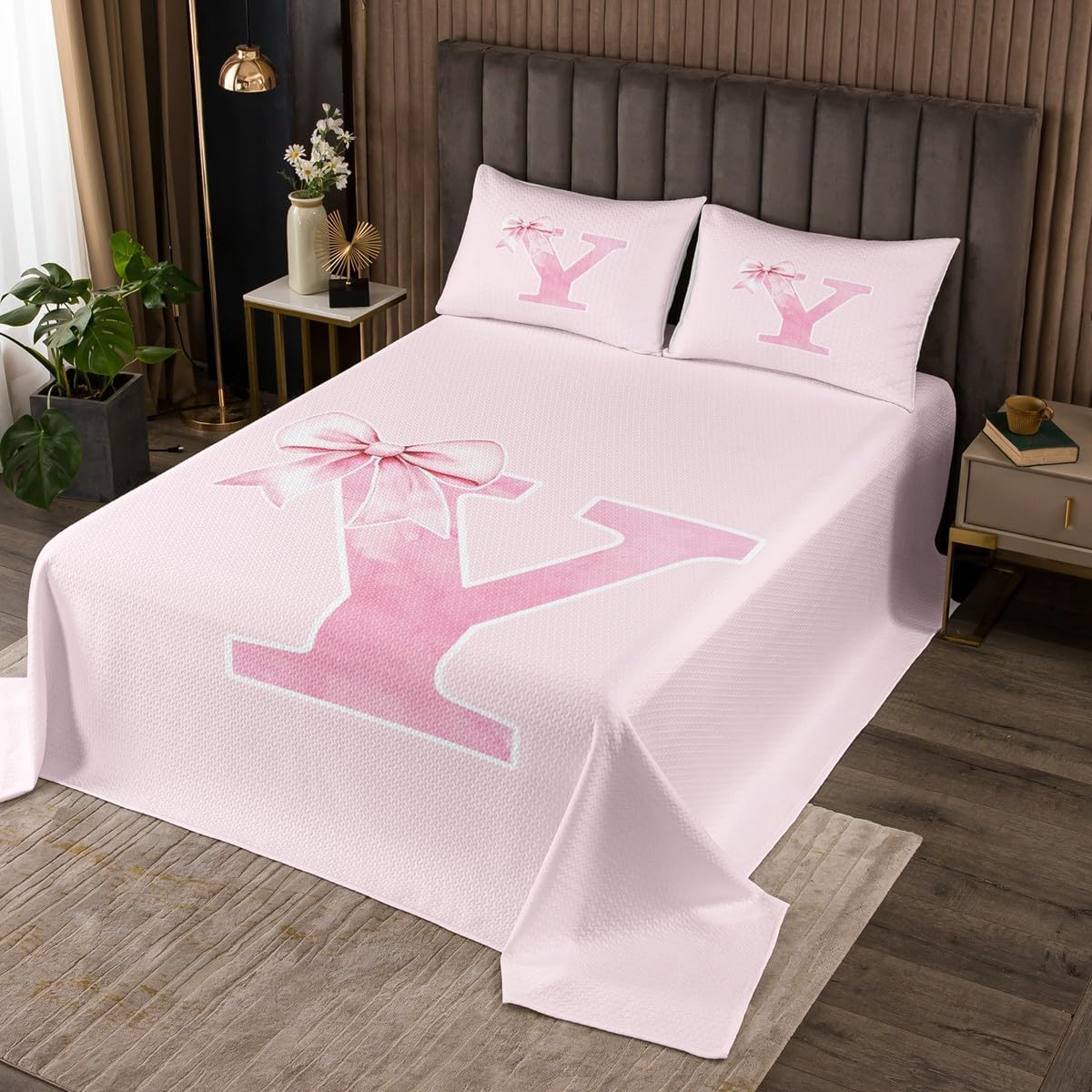 Erosebridal Initial Pink Bowknot Coverlet Set Queen,Coquette Monogrammed Bedspread Set,Initial Letter C Birthday Gifts Bed Sets for Her,Girly Unique Preppy Bedroom Room Decor for Women Teen Girls(C)