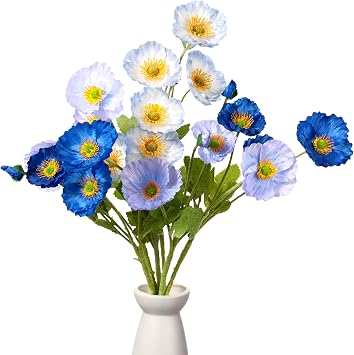 Crowye Silk Artificial Poppy Faux Poppy Spring Flowers Artificial Flowers for Home Kitchen Wedding Decorations Floral Arrangement Table Centerpieces Vase BouquetBlue,6 Bunches