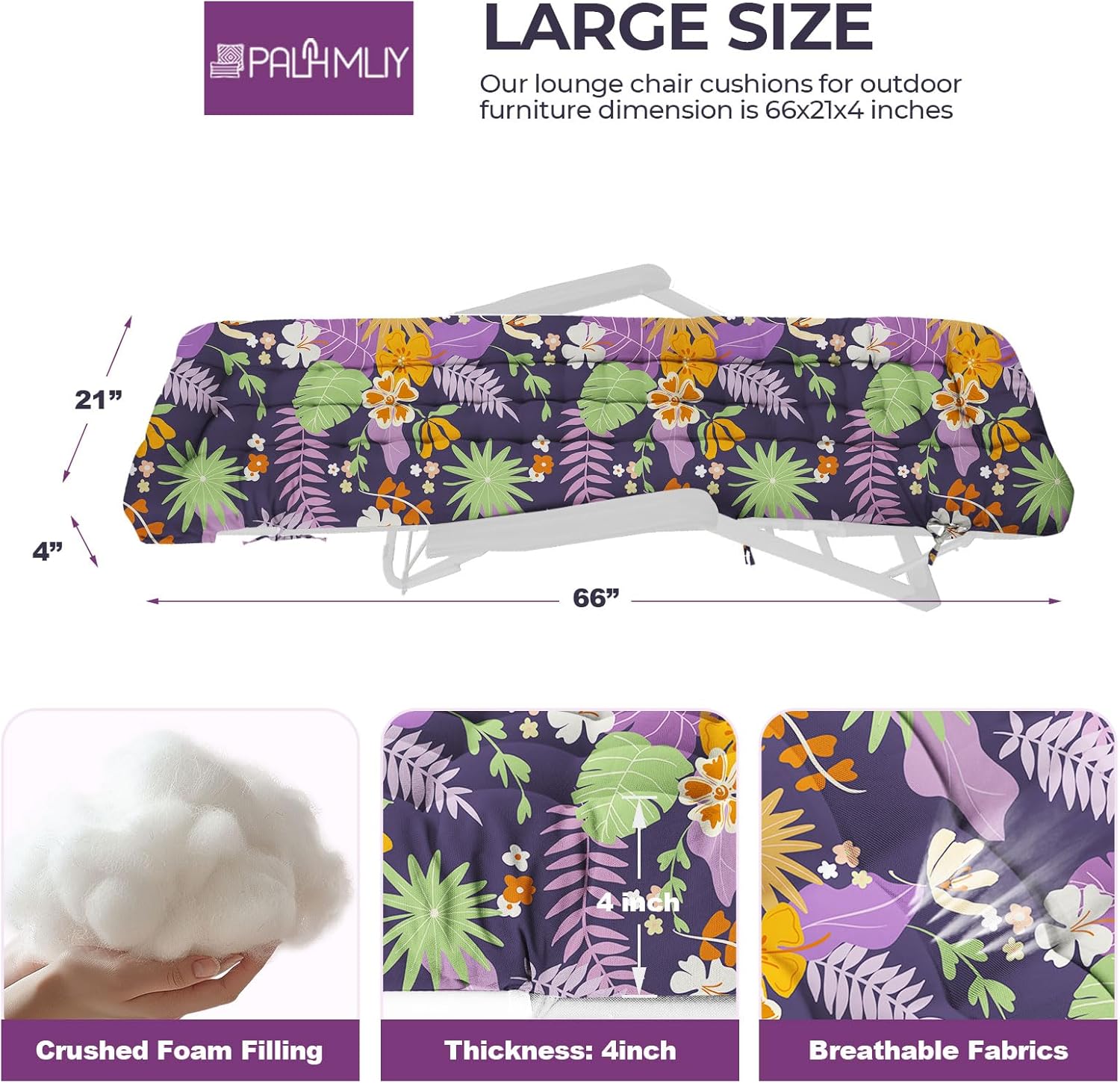 Outdoor Chaise Lounge Chair Cushion Waterproof 66 x 21 x 4 Inches Cotton Zero Gravity Chair Cushions with Ties, Soft Thickened Lounge Chair Cushions for Indoor Outdoor Furniture (Purple Flower Leaf)