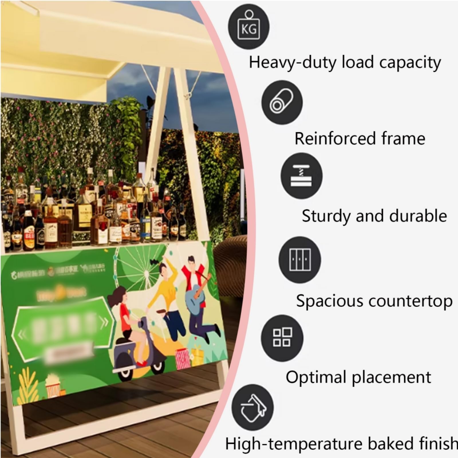 Carrito de empuje de estilo abierto con gran pantalla de encimera, ideal para puestos de mercado y eventos al aire libre