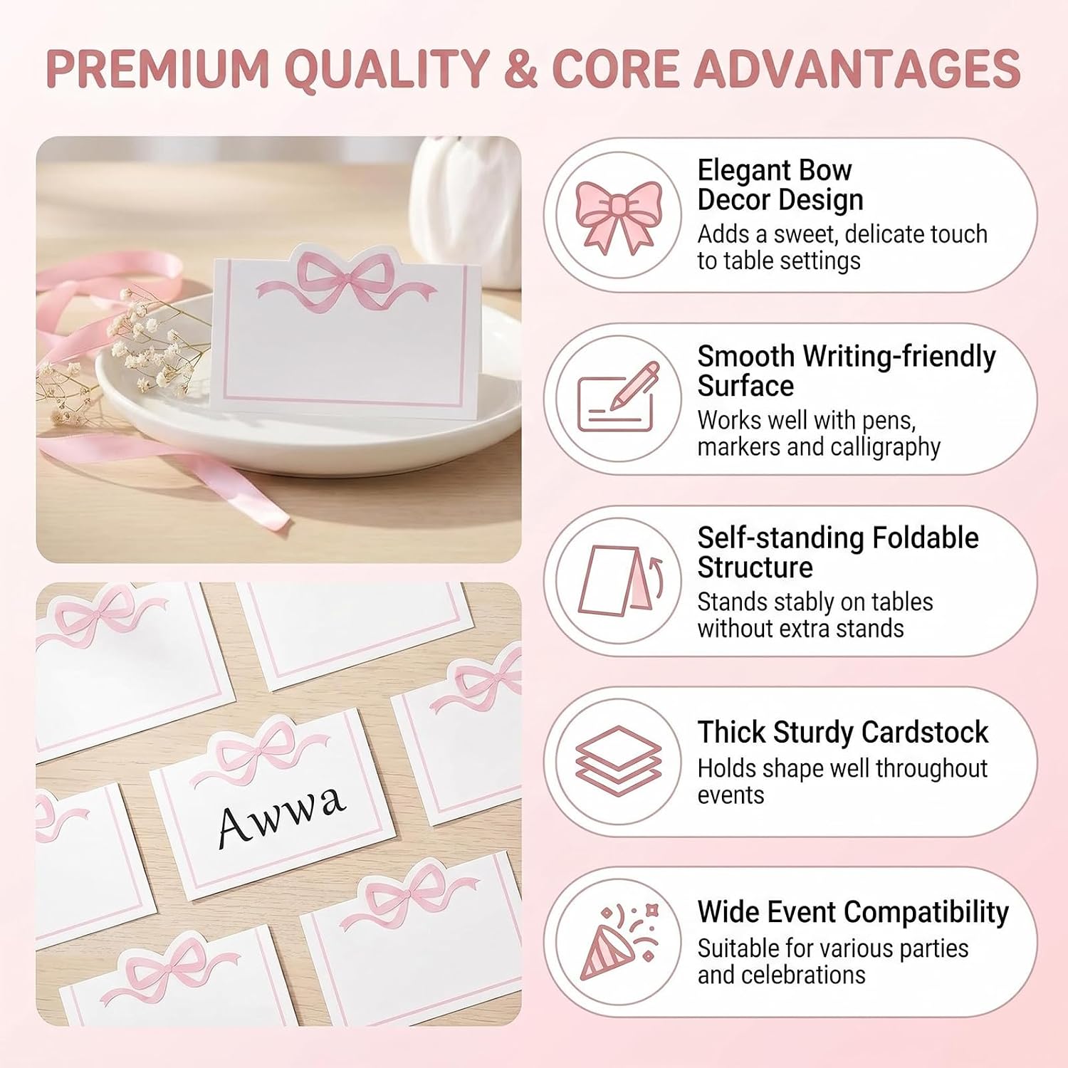 50 Pcs Pink Bow Place Cards