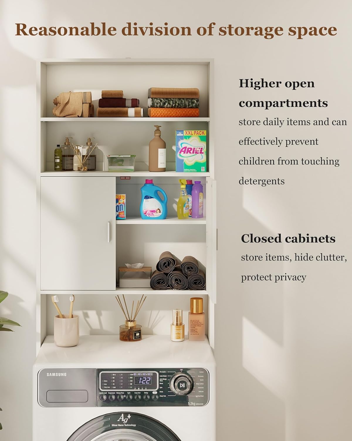 Armoire haute pour machine à laver, blanche, 185 x 63 x 19,7 cm, avec portes, 2 portes et 2 niveaux, pour machine à laver, meuble multi-usages, pour machine à laver