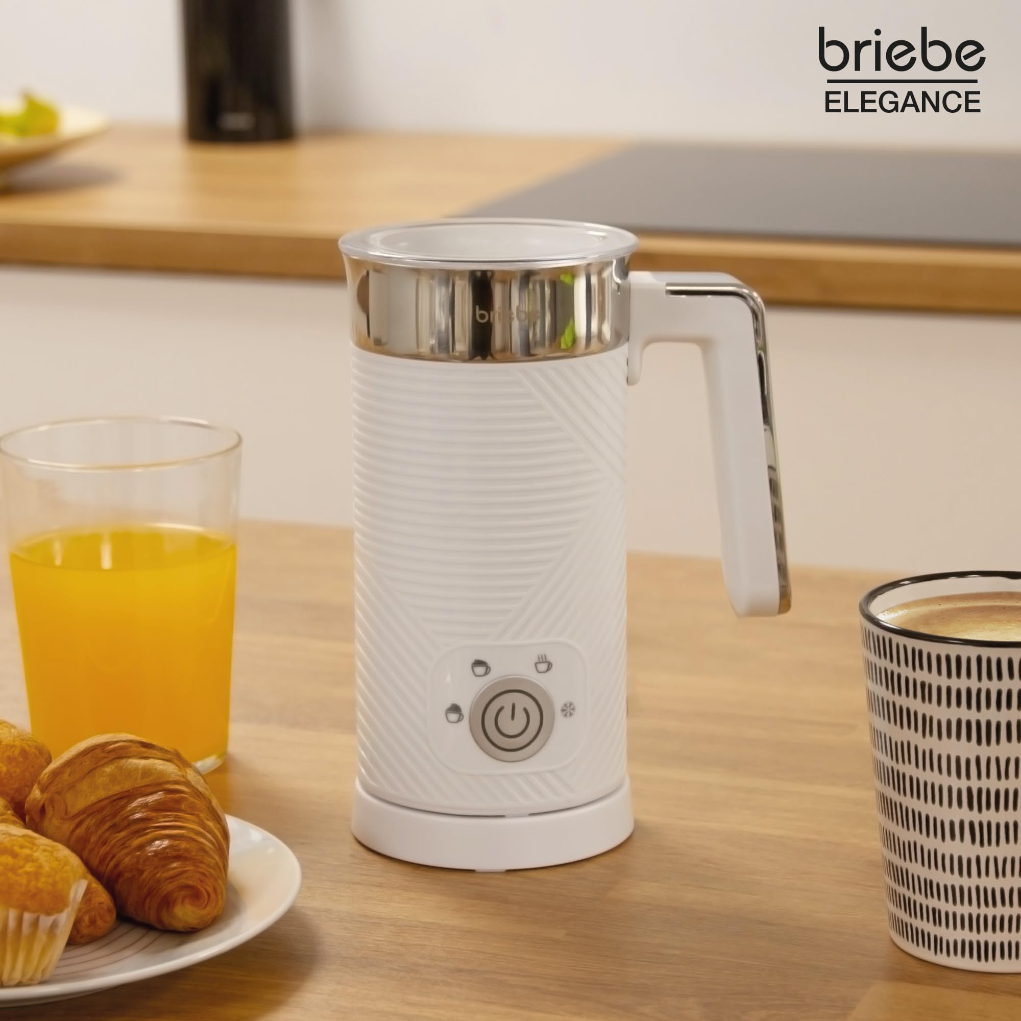 briebe Elegance Espumador de Leche Eléctrico Calentador 4 en 1, Espuma Fría/Caliente 130ml para Café Latte, Capuchino, Macchiato, Leche Caliente 300ml, Milk Frother, Libre BPA, 500W, Diseño Blanco
