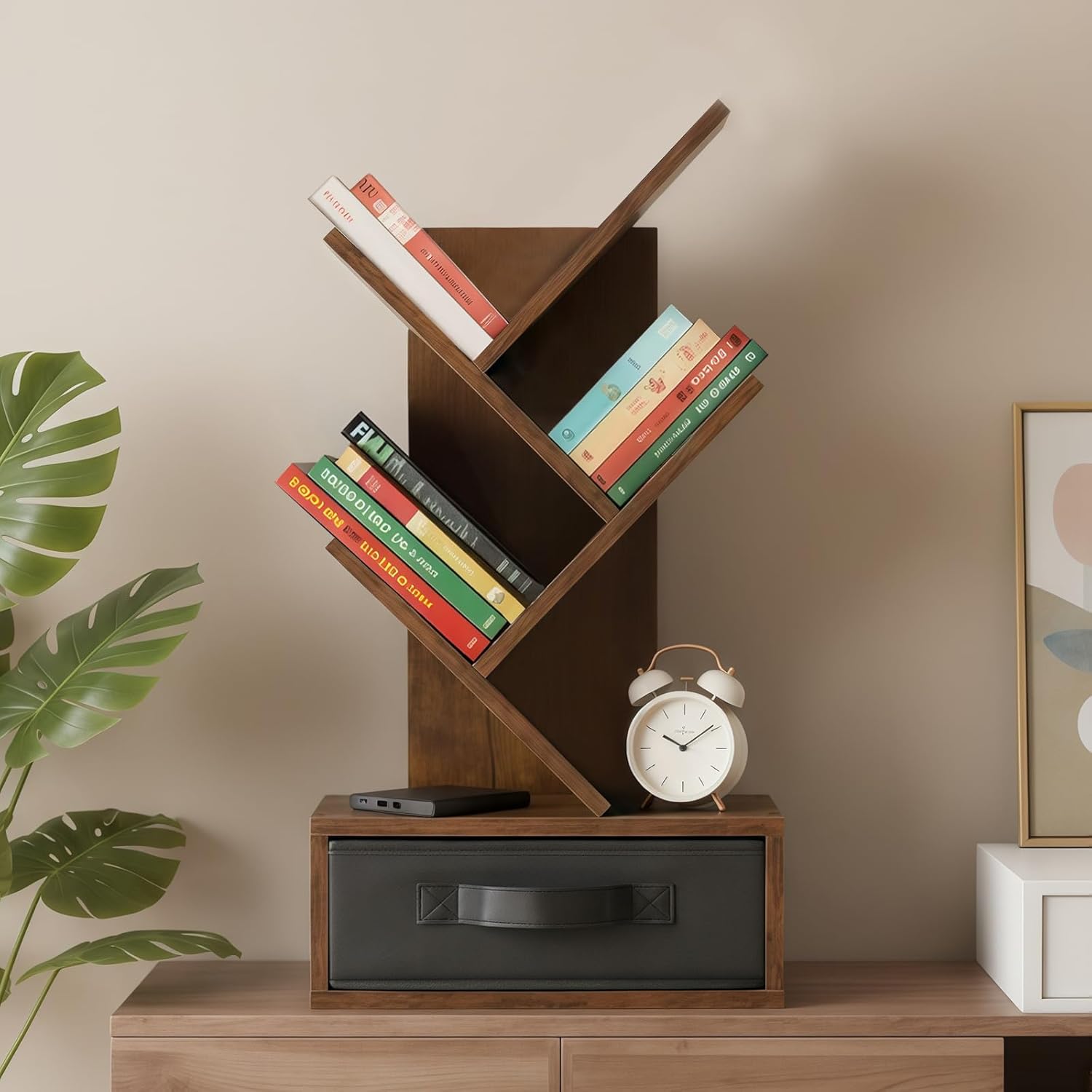 DUMOS Tree Bookshelf, 4-Tier Rustic Brown Bookcase with Drawer - Narrow Slim Corner Bookshelf for Small Spaces, Geometric Wooden Book Rack for Living Room, Bedroom, Home Office