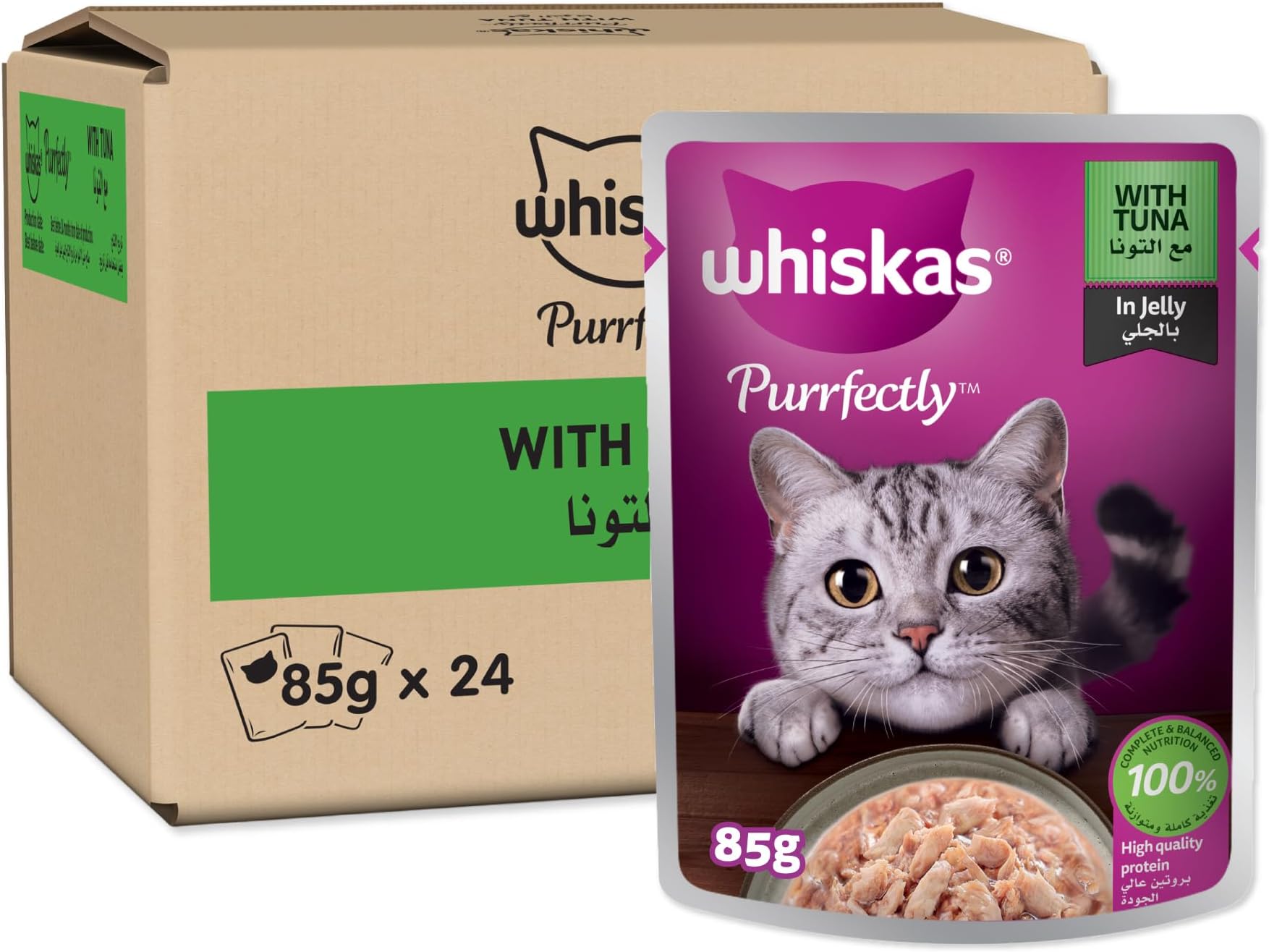 Purrfectly Cat Food Tuna in Jelly, Pack of 24x85g, Cat Food Wet, for Adult Cats 1+ Years, Whiskas Wet Food 100% Complete and Balanced Nutrition