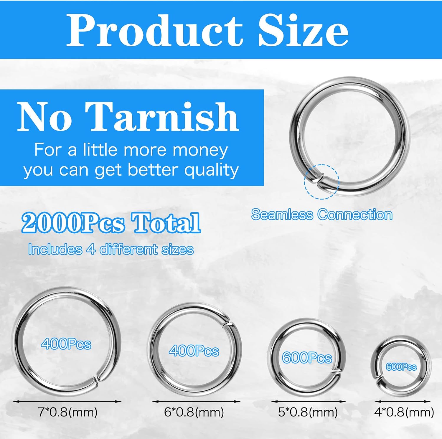 2000 Pieces No Tarnish Stainless Steel Jump Rings, 4 Sizes 4-7mm Open Connector Ring Silver Bulk for Jewelry Making, Necklaces Bracelet Earrings, 20 Gauge Thickness, Silver