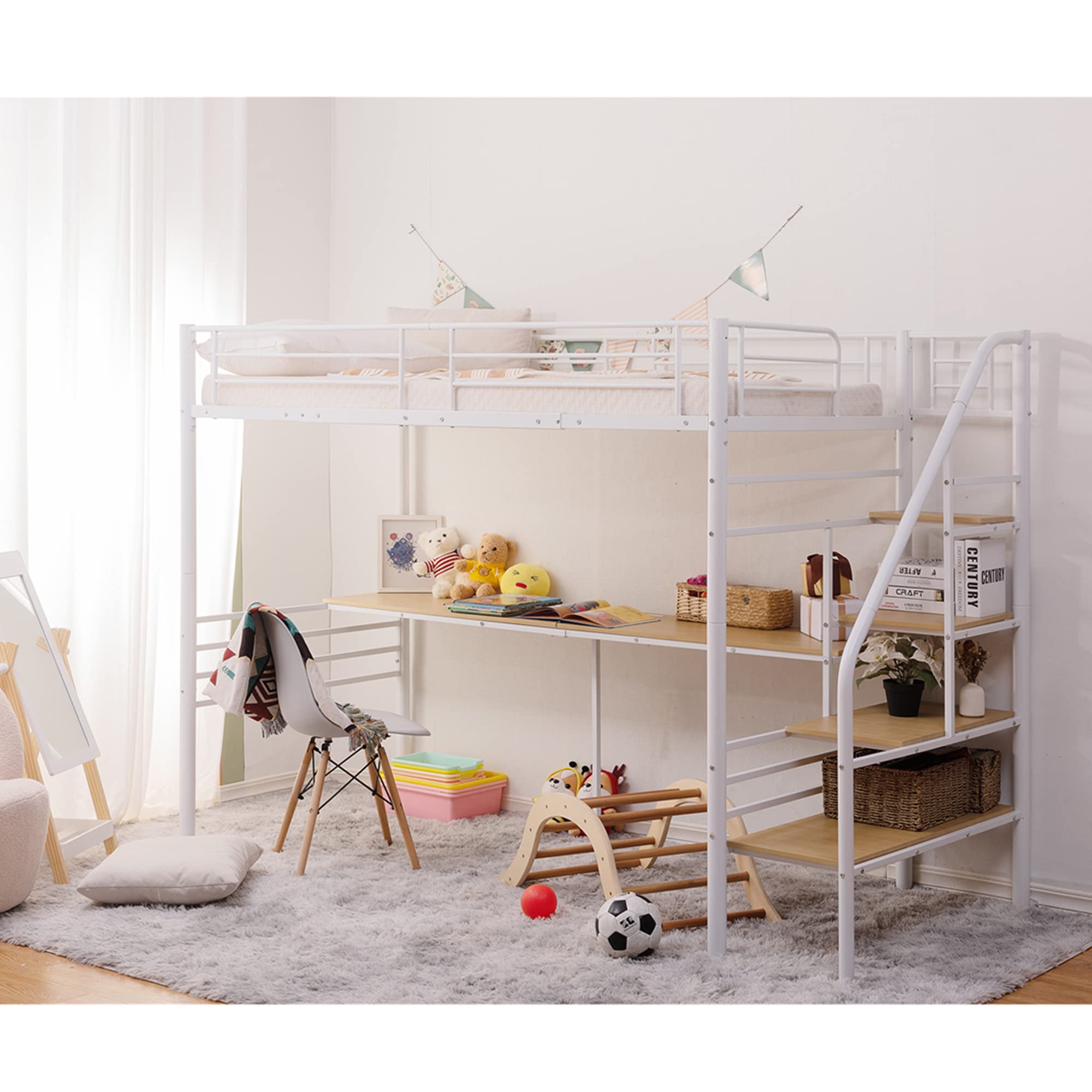 Amazon｜ロフトベッド 大人用 階段付き デスク付き 多機能収納棚