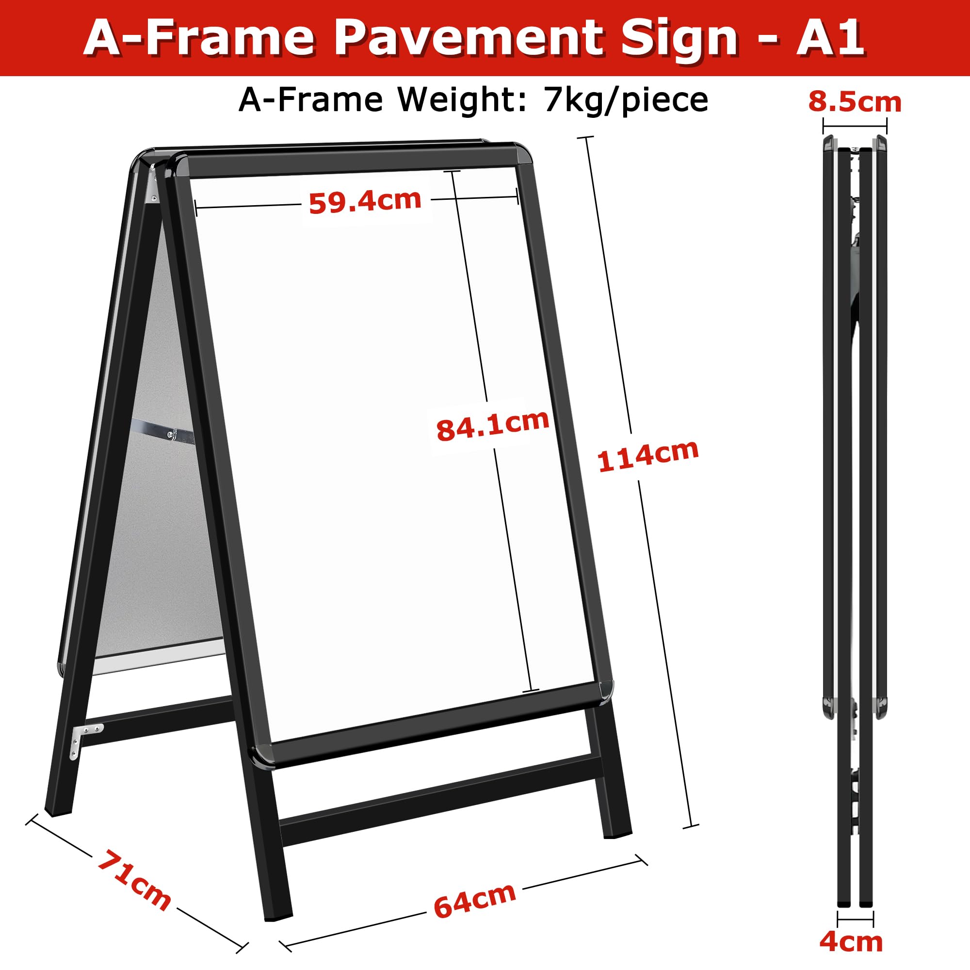Panneau de Trottoir A1 - Stop Trottoir Extérieur, A-Board Double Face Porte-Affiche, Signe pour la Publicité, Restaurants & Parkings (Noir, A1)