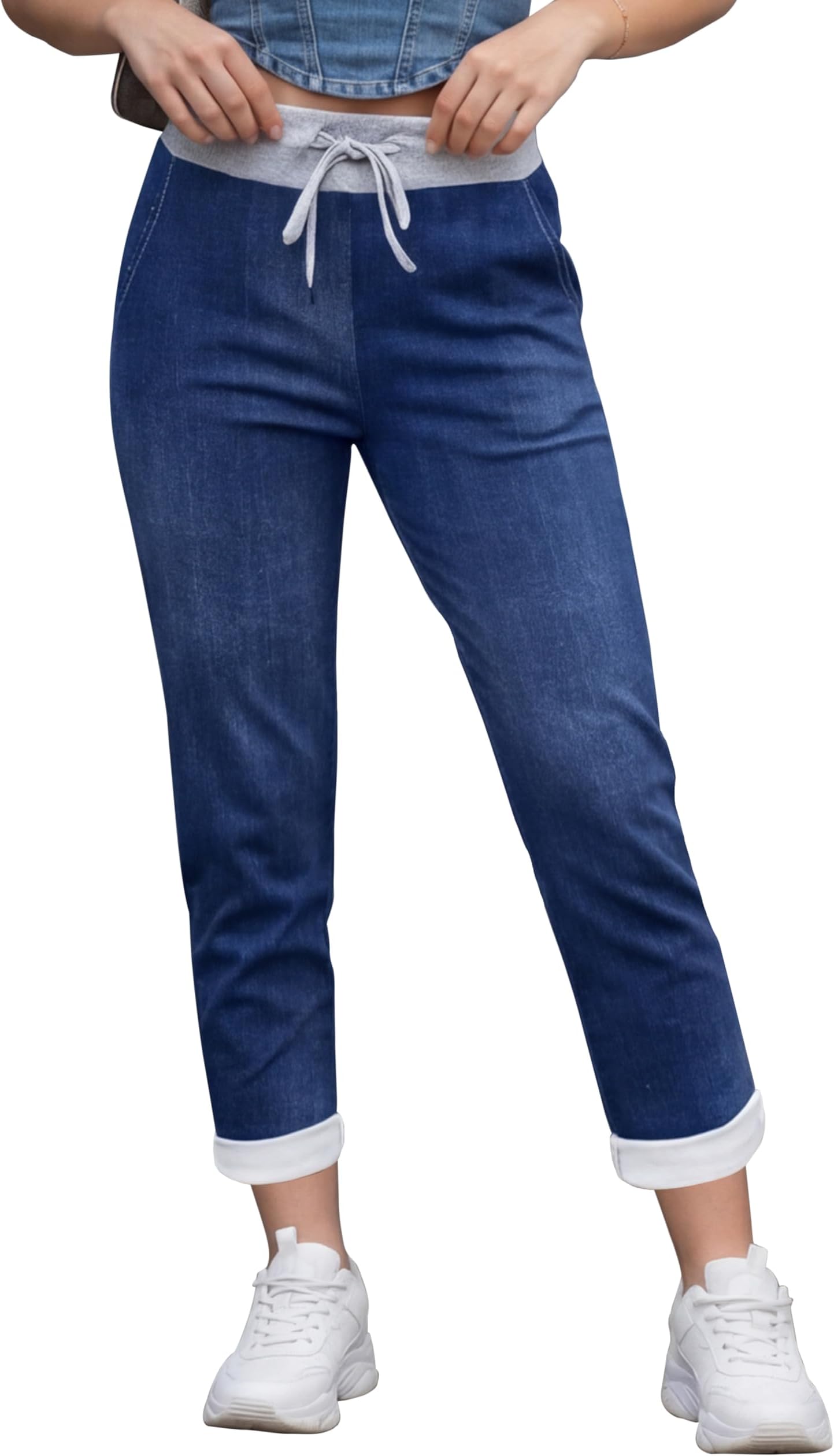 Trousers for Women UK Elasticated Waist Floral Denim Look Comfortable Italian Trousers, Casual Summer Yoga Pants for Women