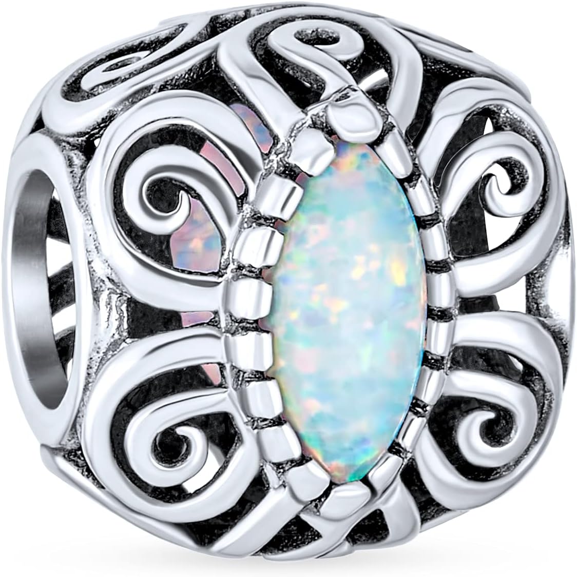 Bling Jewelry Vintage Style Created Opal Bali Style Scroll Milgrain Charm Bead For Women .925 Sterling Silver Fits European Bracelet