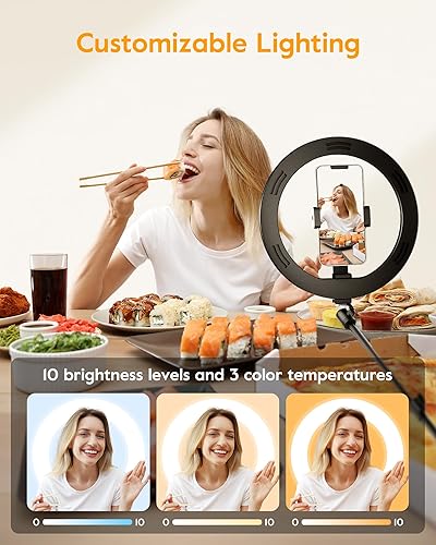 Miniatura 6 de Anillo de luz con soporte para escritorio, soporte de teléfono superior ajustable con trípode de luz de anillo de 10 pulgadas para iPhone, trípode