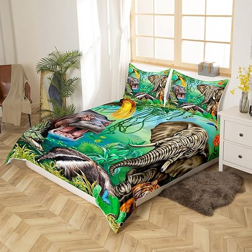 Miniatura 5 de Juego de funda de edredón de animales de la selva, tamaño matrimonial, diseño de cocodrilo, hipopótamo, elefante, tigre, safari, africano, animal,