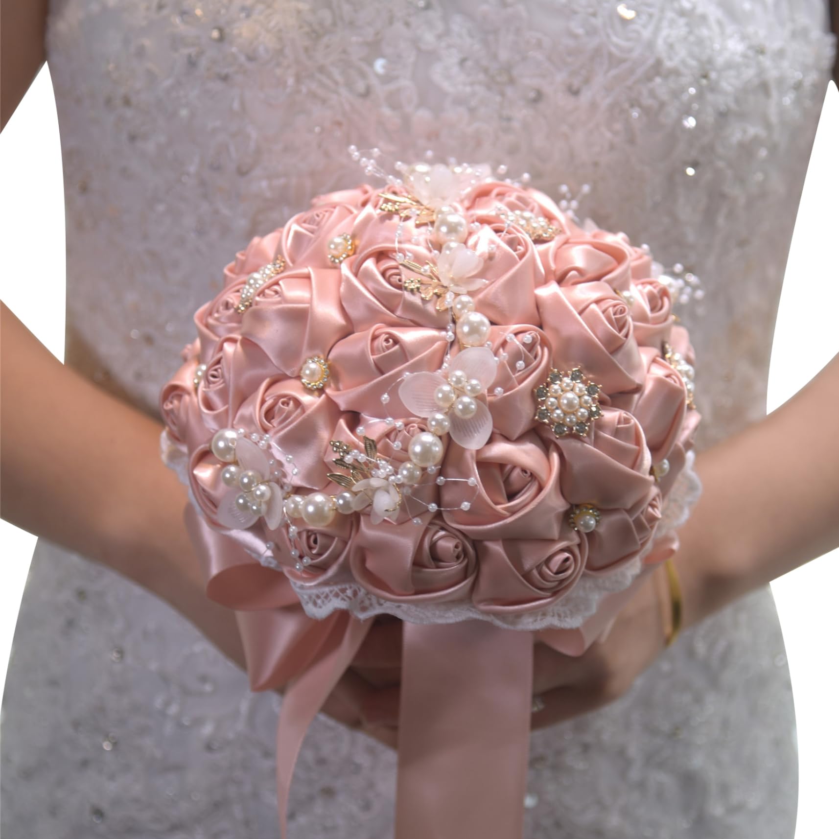 Ramos de Boda para la Novia/Dama de Honor de la Mano Quinceanera/Ramo de Novias con Cuentas de Perlas y Joyas 9x7 Cinta Realista Flores Artificiales con Mango.