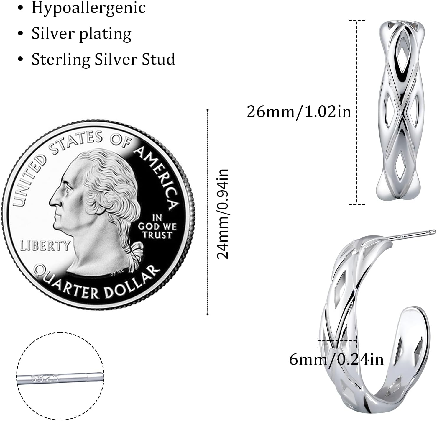 Hollow Silver Hoop Earrings for Women, Hypoallergenic Sterling Silver Stud - Image 5