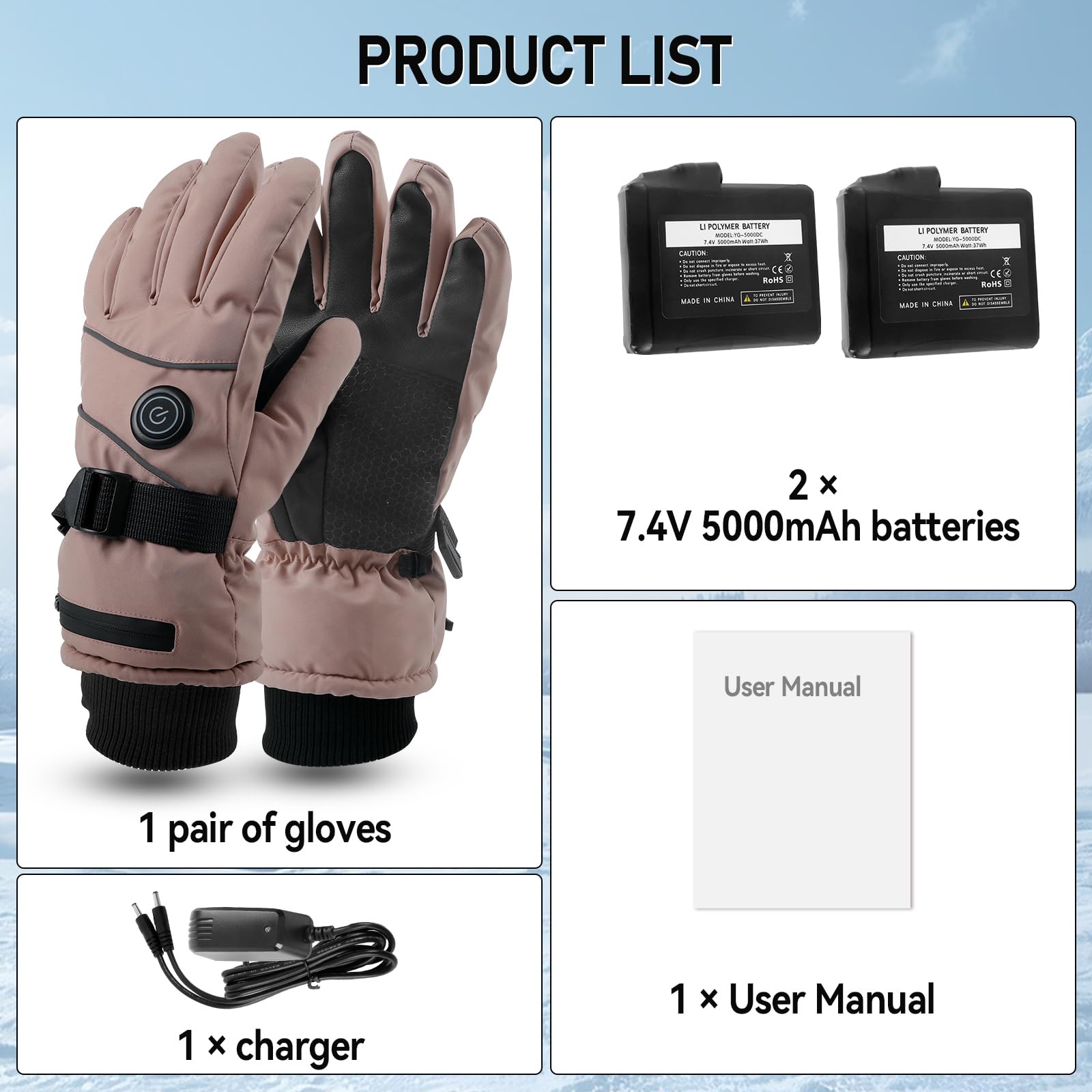 Gants Chauffants pour Homme et Femme, 5000 mAh, Rechargeable, avec écran Tactile, 3 Niveaux 45/50/55 ℃ Gants Chauffants électriques antidérapants pour Cyclisme, Chasse, Ski, Camping