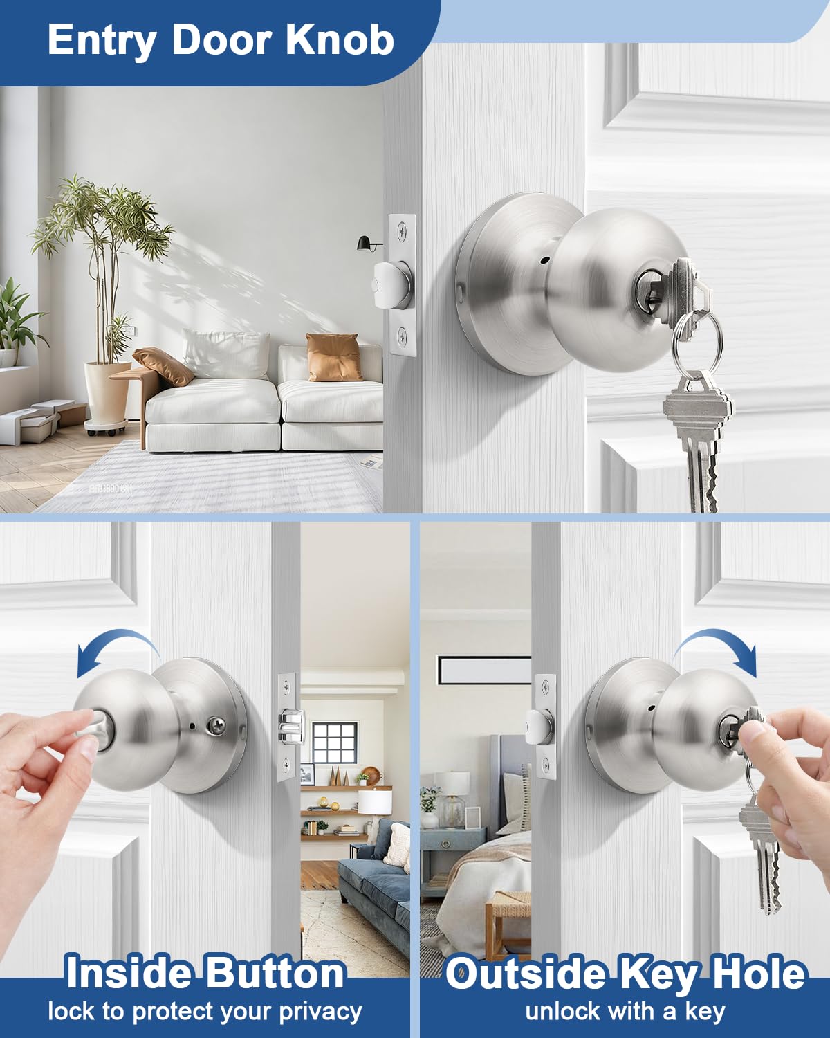 GOBEKOR 1 Pack Brushed Nickel Door Knob with Lock and Keys, Keyed Alike Reversible Entry Door Lock for Left or Right Hand Doors, Ideal for Front/Entrance Door - 4