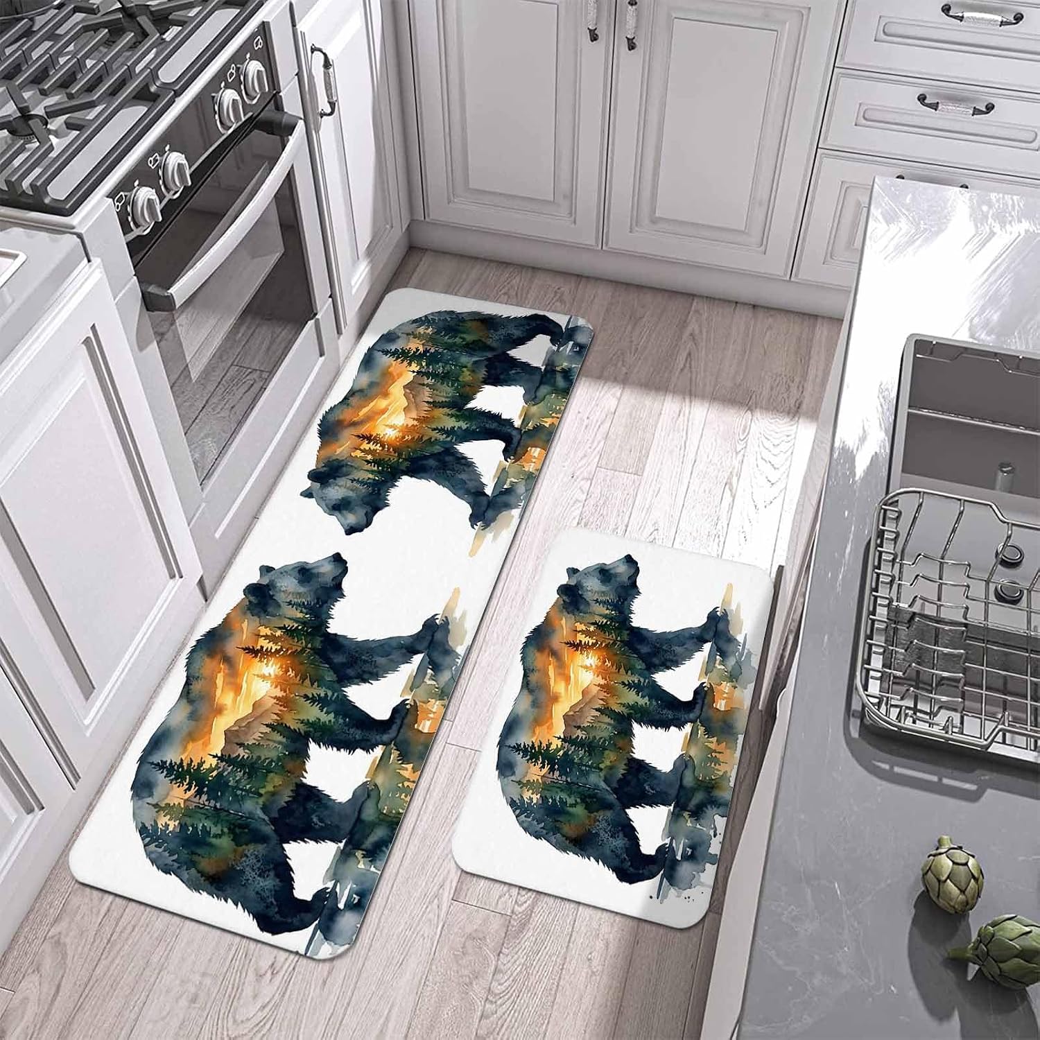 Prime Leader Brown Bear Kitchen Mat Set 2 Pieces Vintage Misty Green Trees Brown Bear Sunset Non Slip Kitchen Rugs Washable Runner Rug Mats for Floor Sink Laundry Office 23.6" x 35.4"+23.6" x 70.9"
