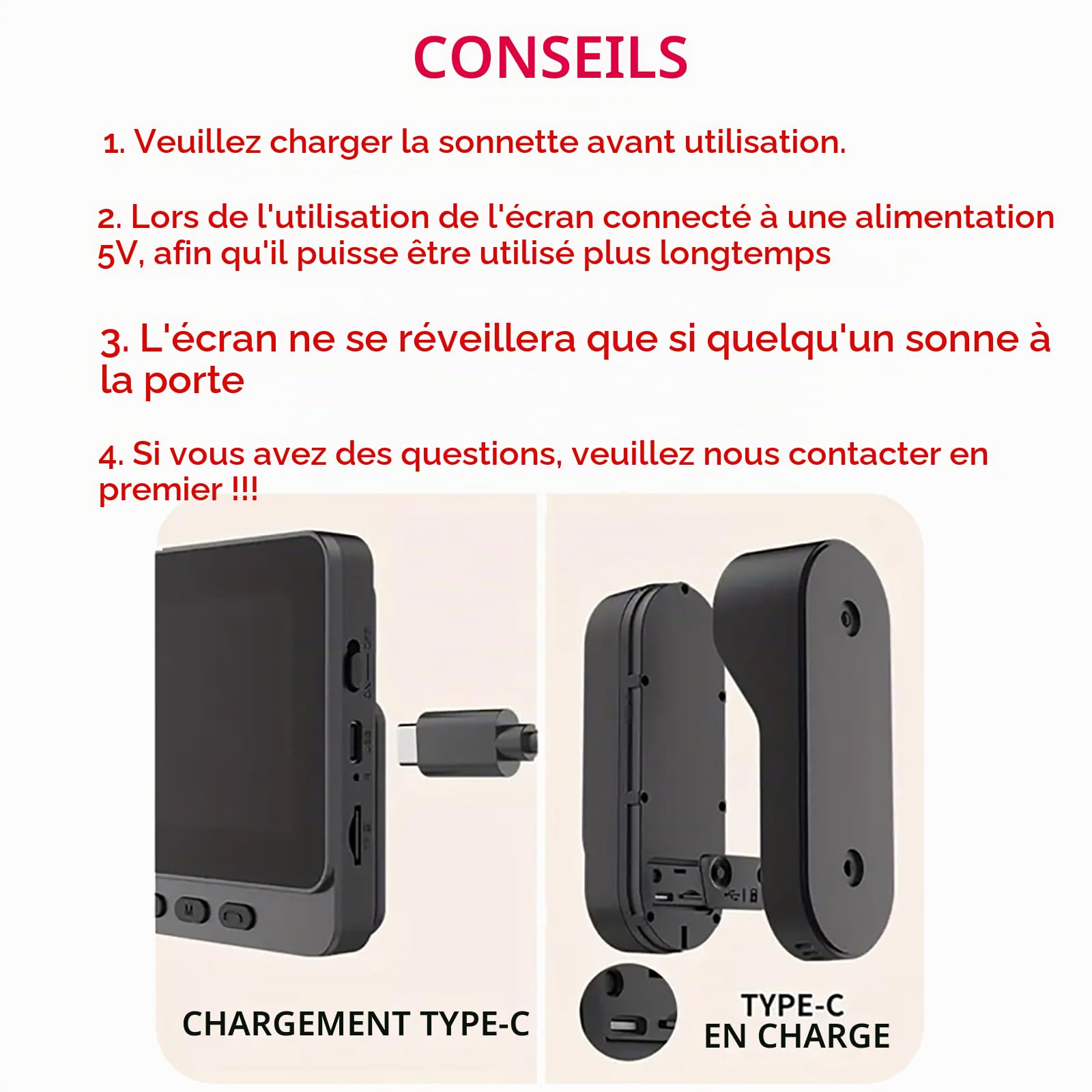 Sonnette sans Fil avec Camera avec écran IPS 4.3 1080P Visiophone sans Fil avec Détection Humaine PIR Pas de WiFi Requis Audio Bidirectionnel la Fonction de Vision Nocturne Interphone Video étanche