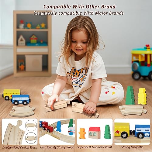 Miniatura 4 de Juego de tren magnético de madera de 33 piezas, pistas expandibles para Thomas Brio, juguete educativo que fomenta la imaginación, la creatividad,