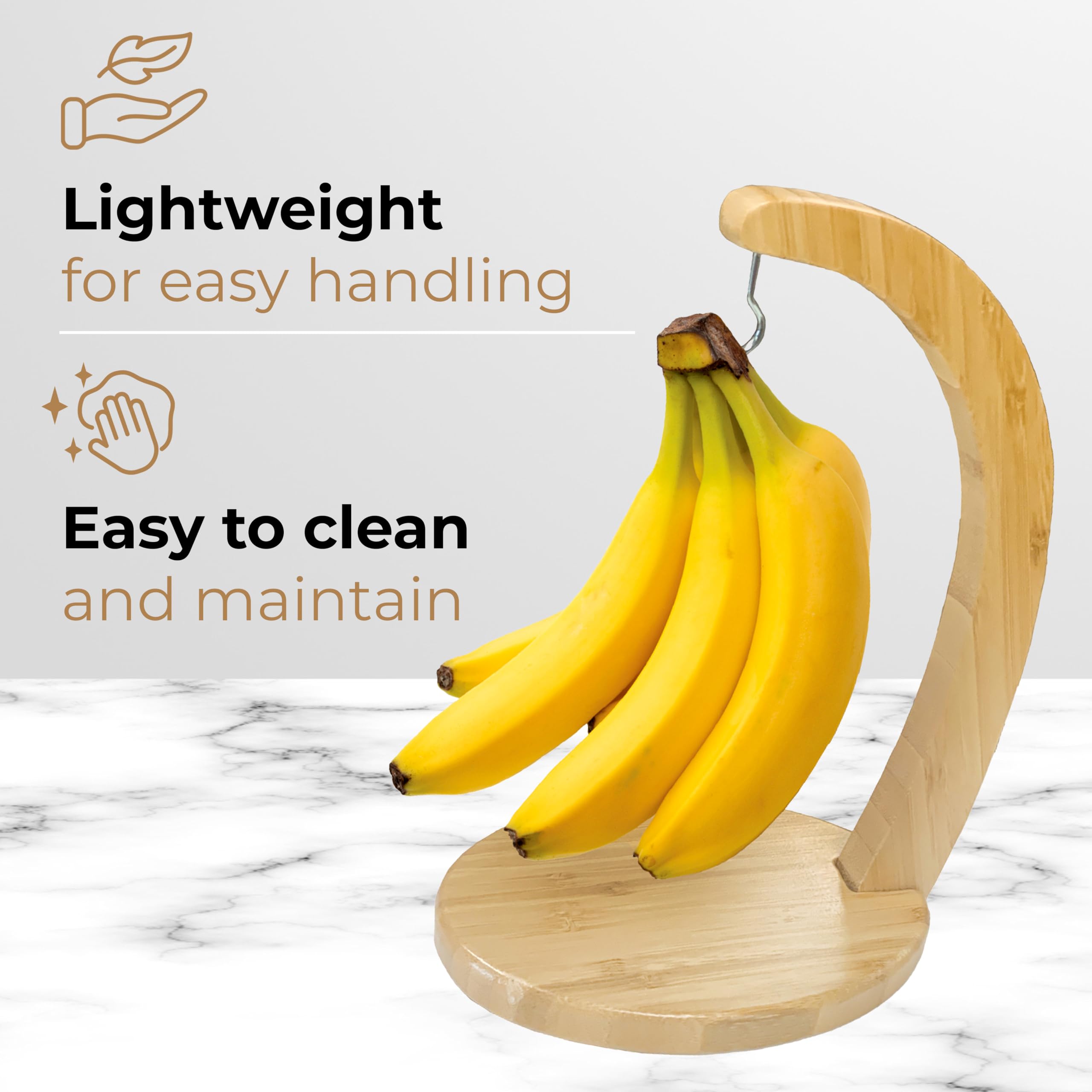 JS Gourmet Bamboo Banana Stand with Stainless Steel Hanging Hook