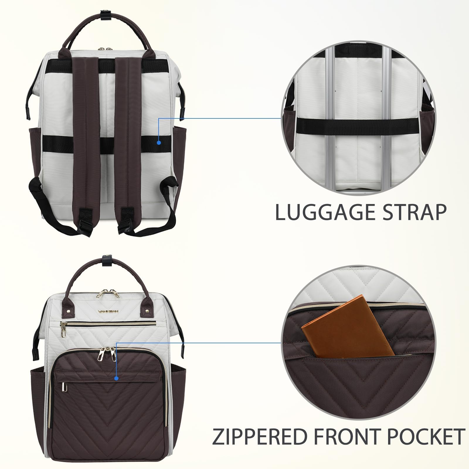 VANKEAN Mochila para ordenador portátil para mujer, bolsa de trabajo 15.6" | mochila impermeable de gran capacidad, mochila escolar, mochila de viaje de negocios, Beige-café Mochilas tradicionales