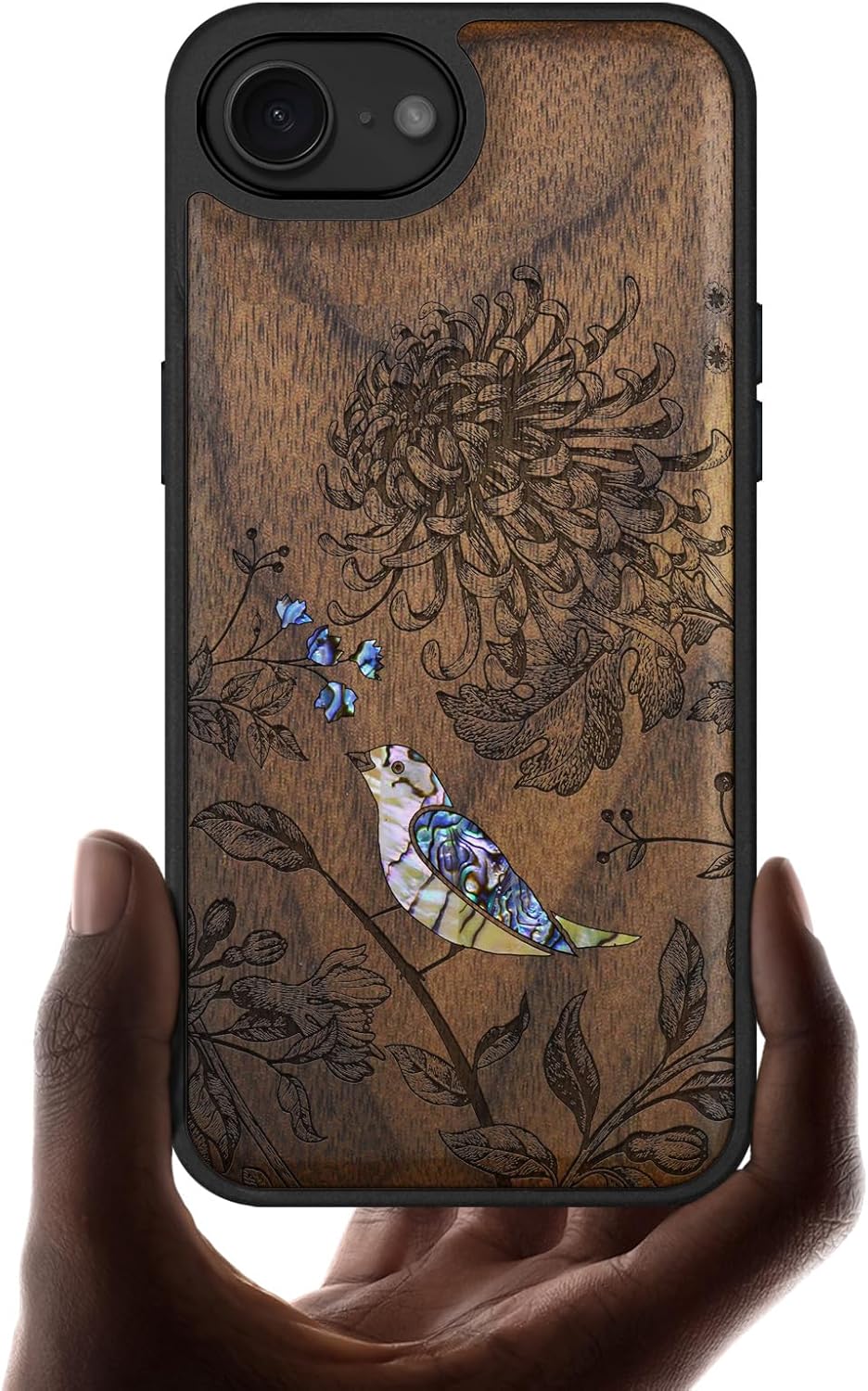 Carveit Magnetic Wooden Case for iPhone 16e / 17e, Wood Artisan Engraved & Handmade Shell Inlaid, TPU Shockproof Cover, Compatible with MagSafe Wireless Chargers, Flowers and Bird - Walnut