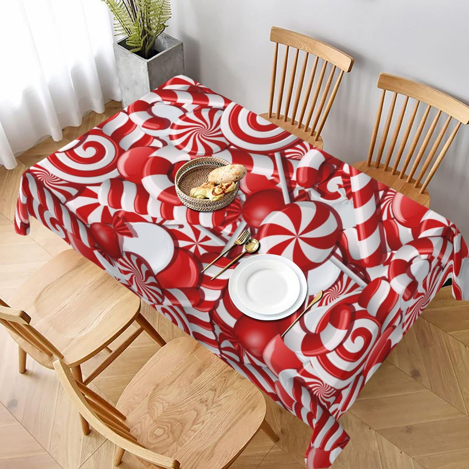 KUOAICY Christmas Swirl Candy Rectangle Tablecloths Xmas Table Cover Washable for Kitchen Dining Party Holiday Decoration 60 X 90 Inch