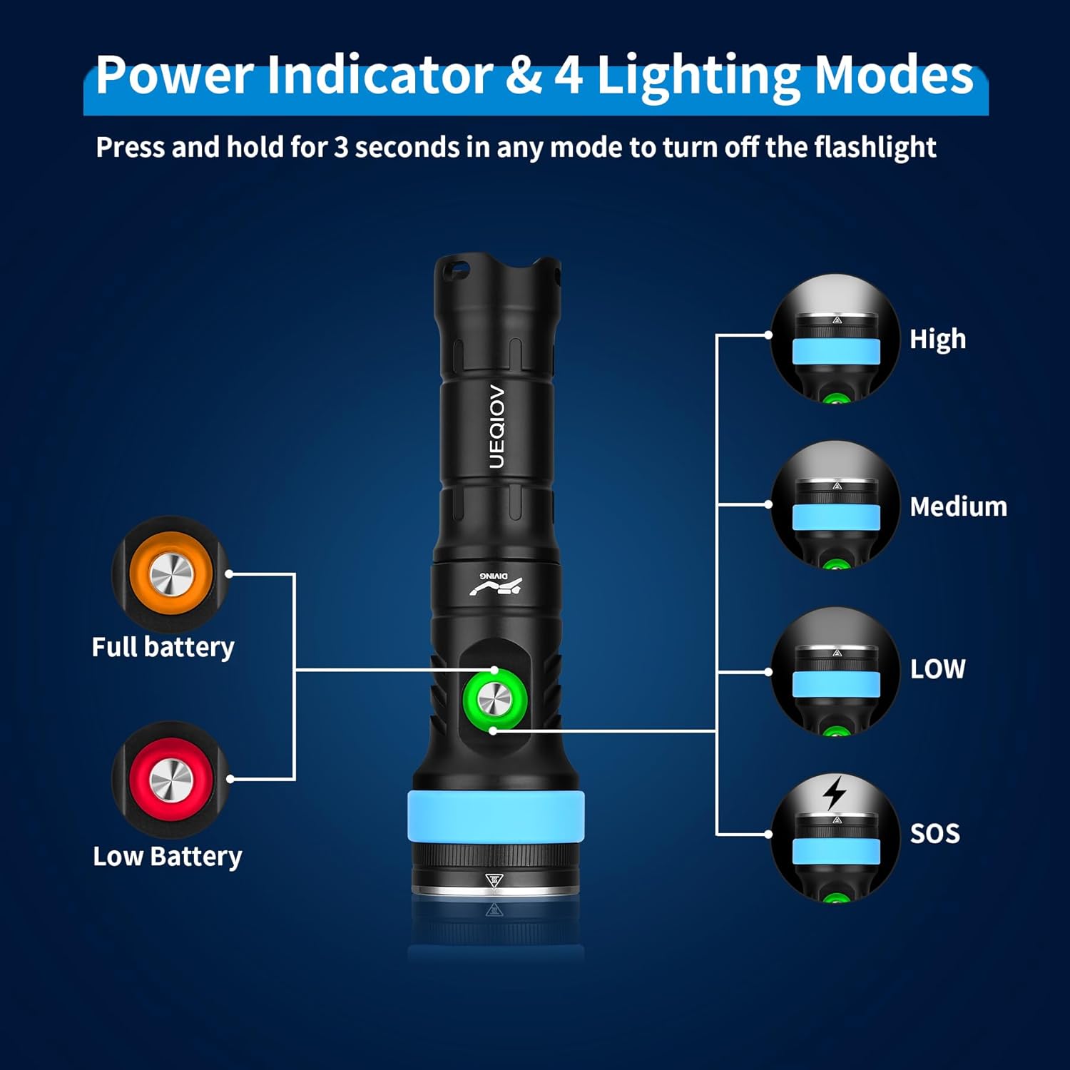 DQ-380 Dive Light, 2000 Lumen Scuba Diving Flashlight, LED 3 Modes Waterproof Underwater Torch, Aluminum, Battery Powered