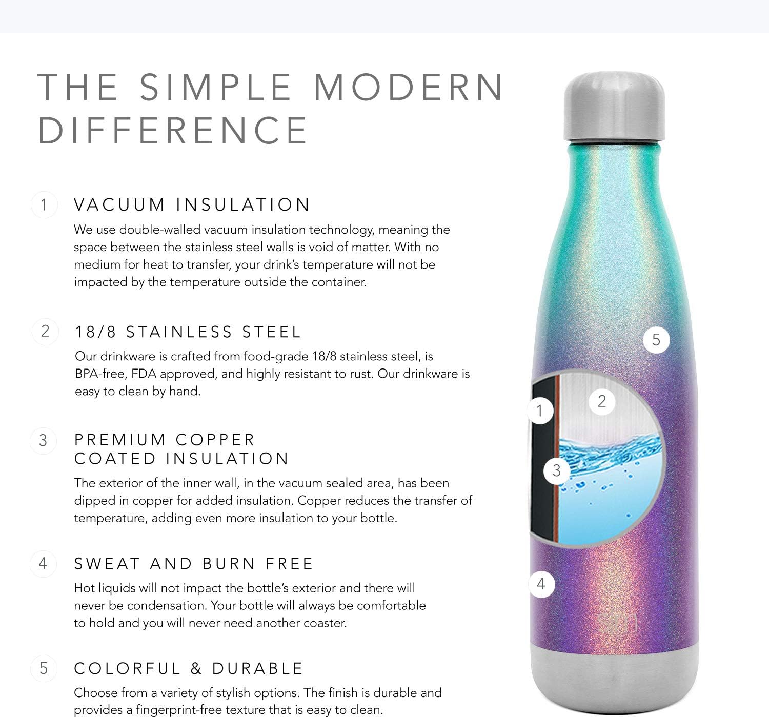 Simple Modern 17 Ounce Wave Water Bottle - Stainless Steel Double Wall Vacuum Insulated Reusable Leakproof Ombre: Aurora