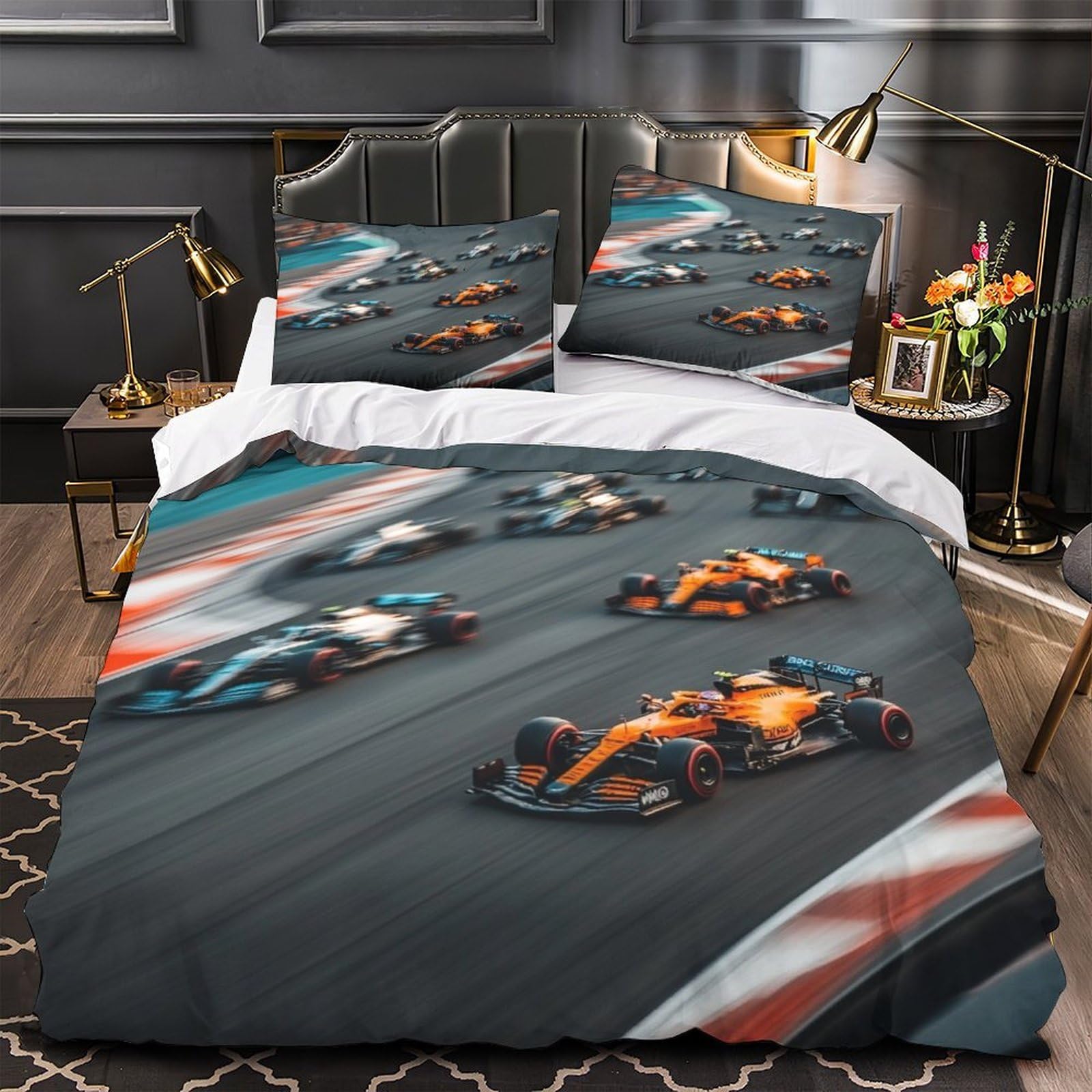 DAFUfbw Washable Formulaa Racing Quilt Cover With Hidden Zipper Duvet Set with Pillowcases Soft Microfiber Super King（260x220cm） Racing Car Bedding Set