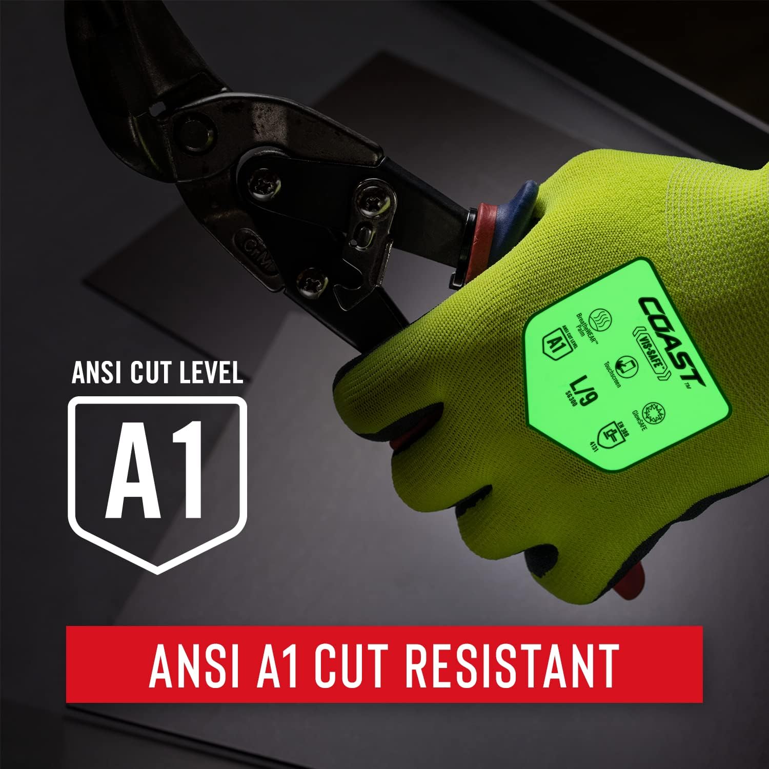 Coast SG300 High Visibility Glow Nitrile Safety Gloves, ANSI Cut Level A1, Touchscreen Compatible, Breathable, Yellow, Extra-Large (Pack of 2)