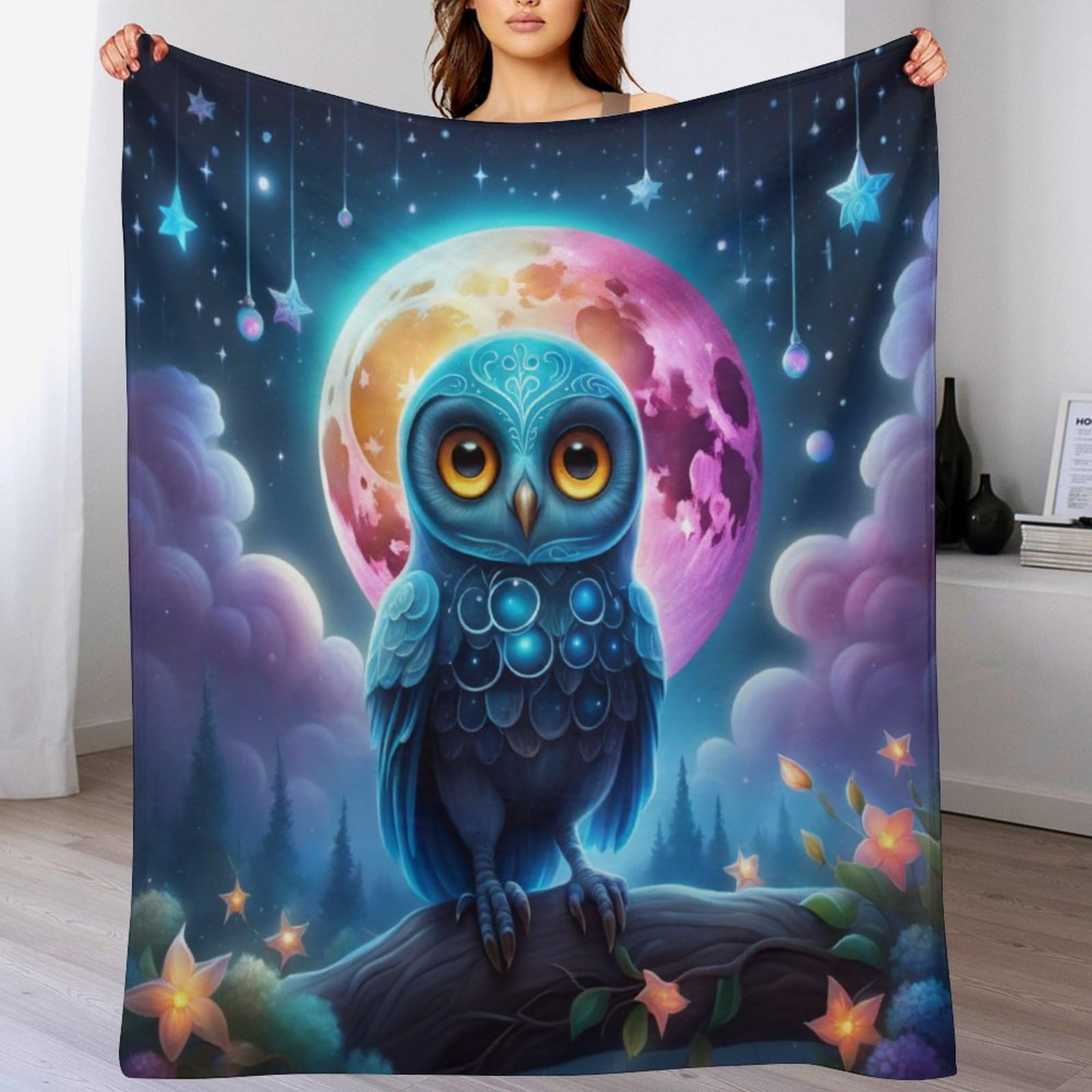 Couverture polaire hibou grand plaid flanelle pour cocooning et soirées d'hiver au salon