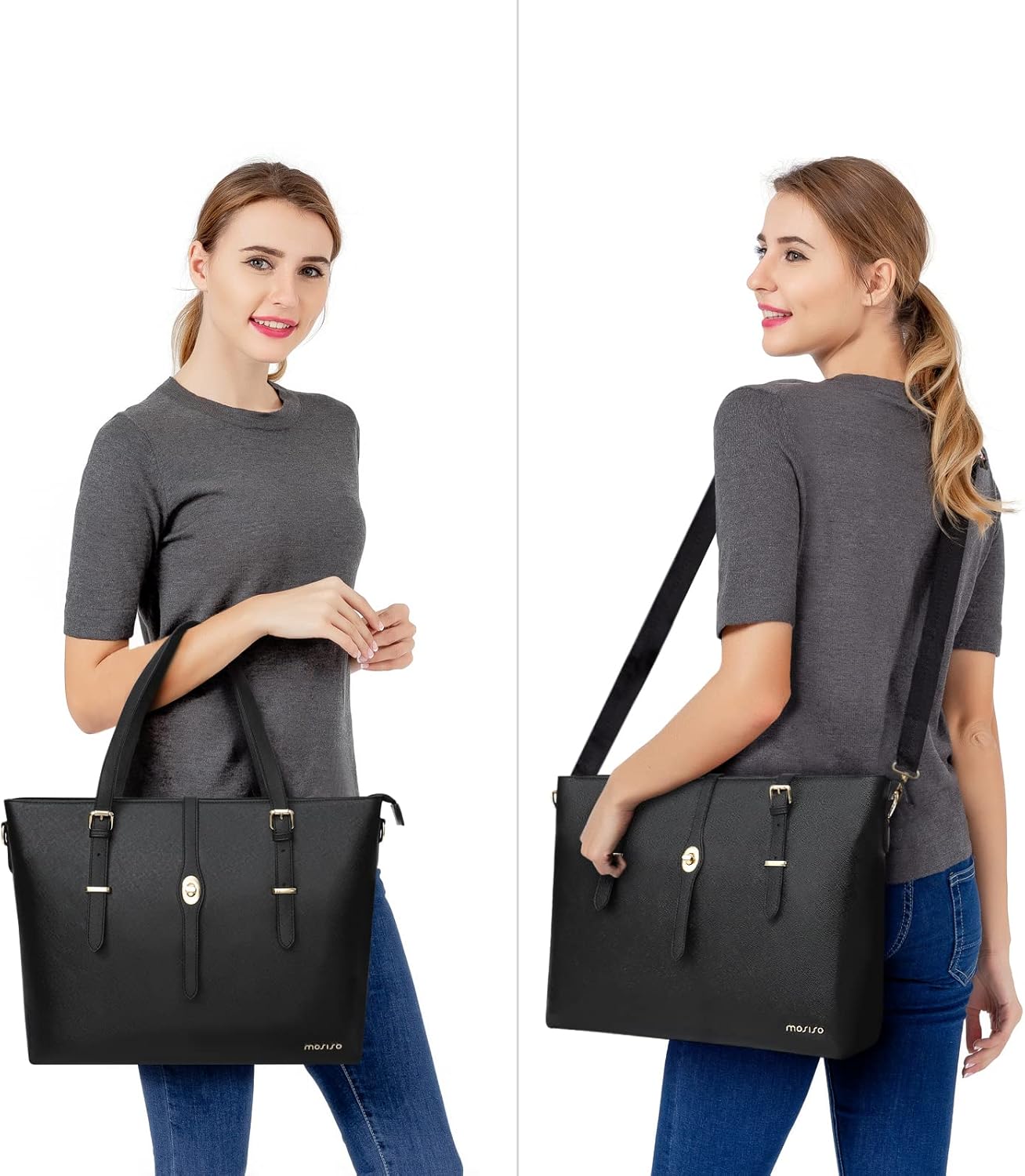 MOSISO Laptop Tote Bag Compatible with MacBook Pro 16 inch M4 M3 M2 M1 2025-2019, 15-15.6 inch PU Leather Briefcase with Middle Button & Small Purse&Shoulder Strap, Black
