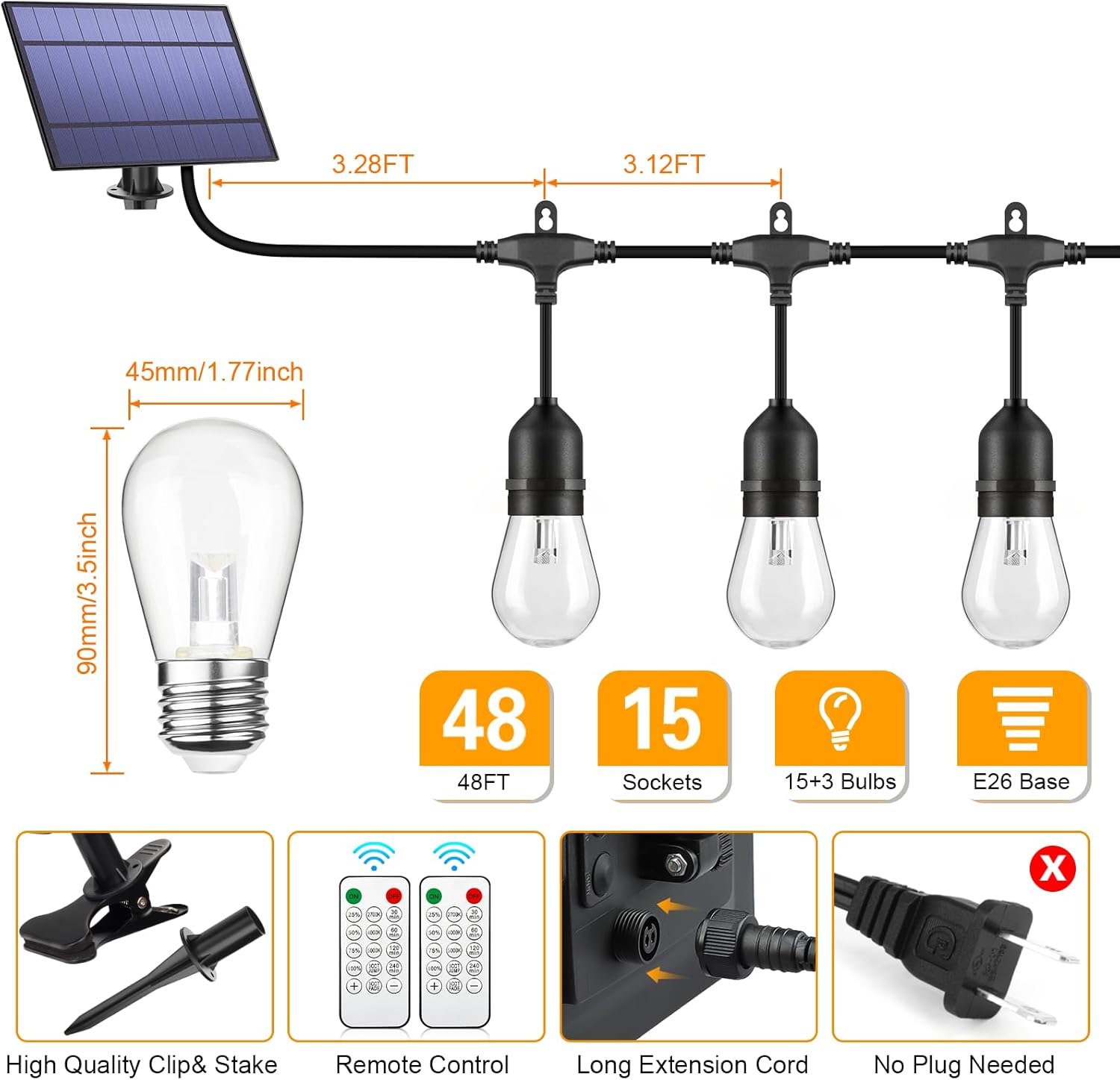 Mlambert 3-Color in 1 Solar String Lights Outdoor Waterproof Dimmable, 48ft Remote LED Patio Lights,15 Hanging Sockets Shatterproof Light for Backyard - Image 6