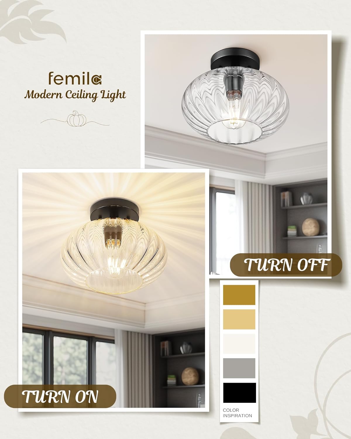 FEMILA Black Semi Flush Mount Ceiling Light, 10.3" Ceiling Light Fixtures for Kitchen Island, Bedroom, Living Room, with Dome Glass Shade, E26 Base, 4FYD85F BK
