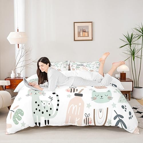 Vista 114 de Feelyou Funda de edredón de perro de dibujos animados, juego de ropa de cama para niños y niñas, perros y flores, funda de edredón con plantas Multi