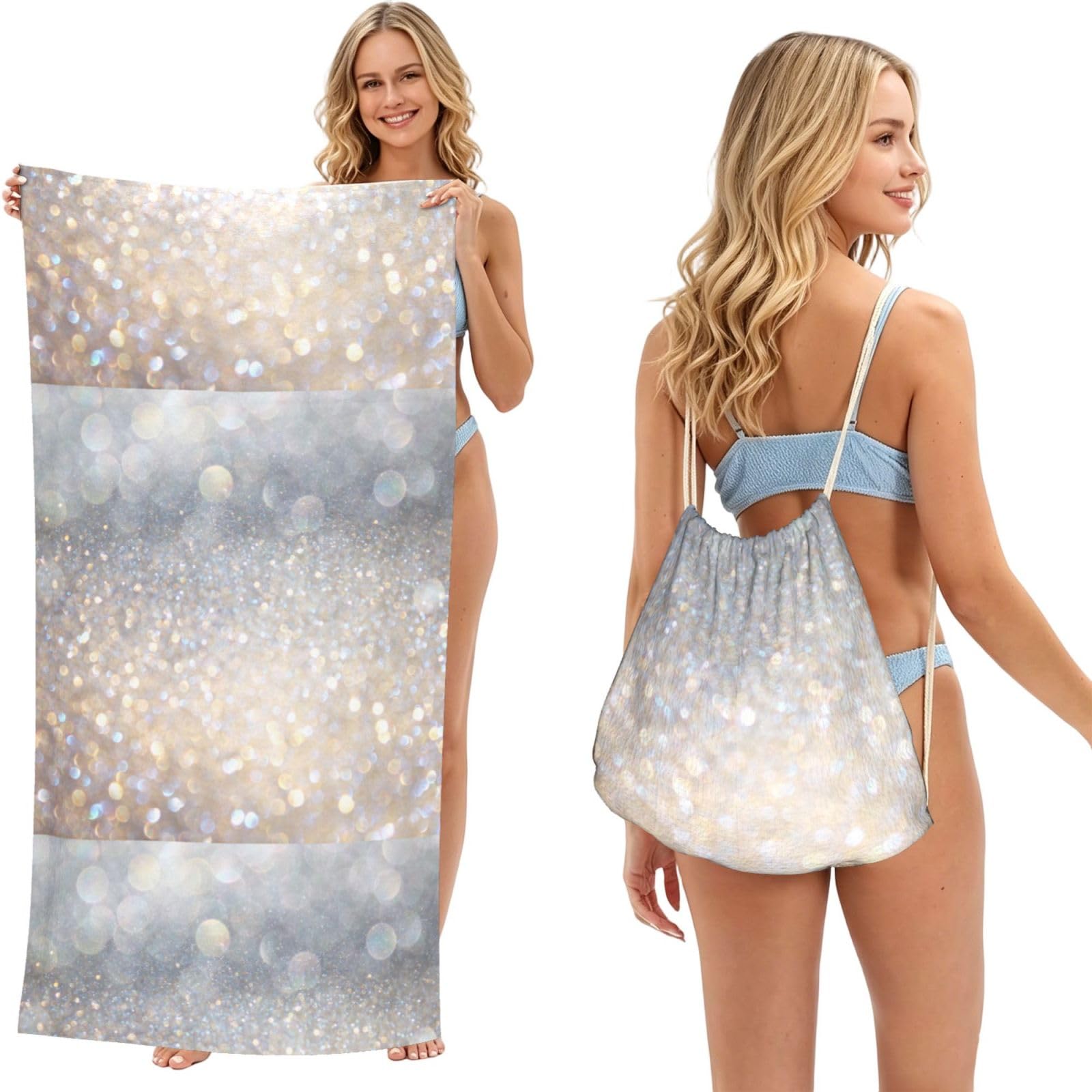 Poadnly As Picture Glitter Diamonds, 2 In 1 Packable Towel Bag, Beach Towels With Drawstring Backpack For Travel Holiday Camping