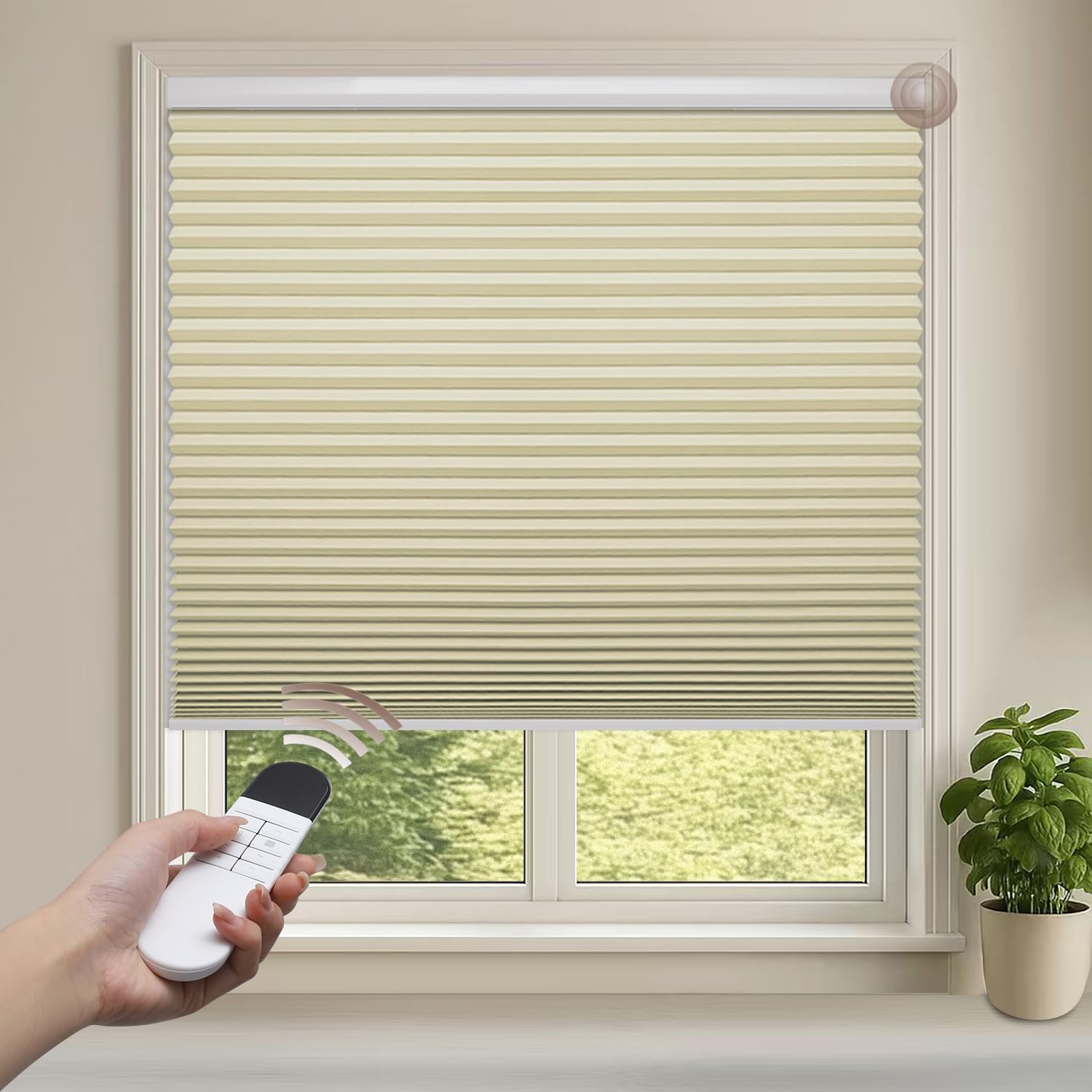 Godark Motorized Blackout Cellular Shades Compatible with Alexa/Google Home Electric Blinds Smart Honeycomb Shades for Windows Automatic Blinds with Remote Custom Size-Beige