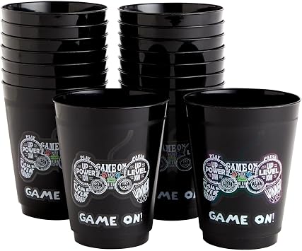 BLUE PANDA 16 Pack Plastic Video Game Cups for Kids - Gaming Party Favors for Birthday Supplies and Gamer Birthday Party Decorations 16 Oz Gamer Cups