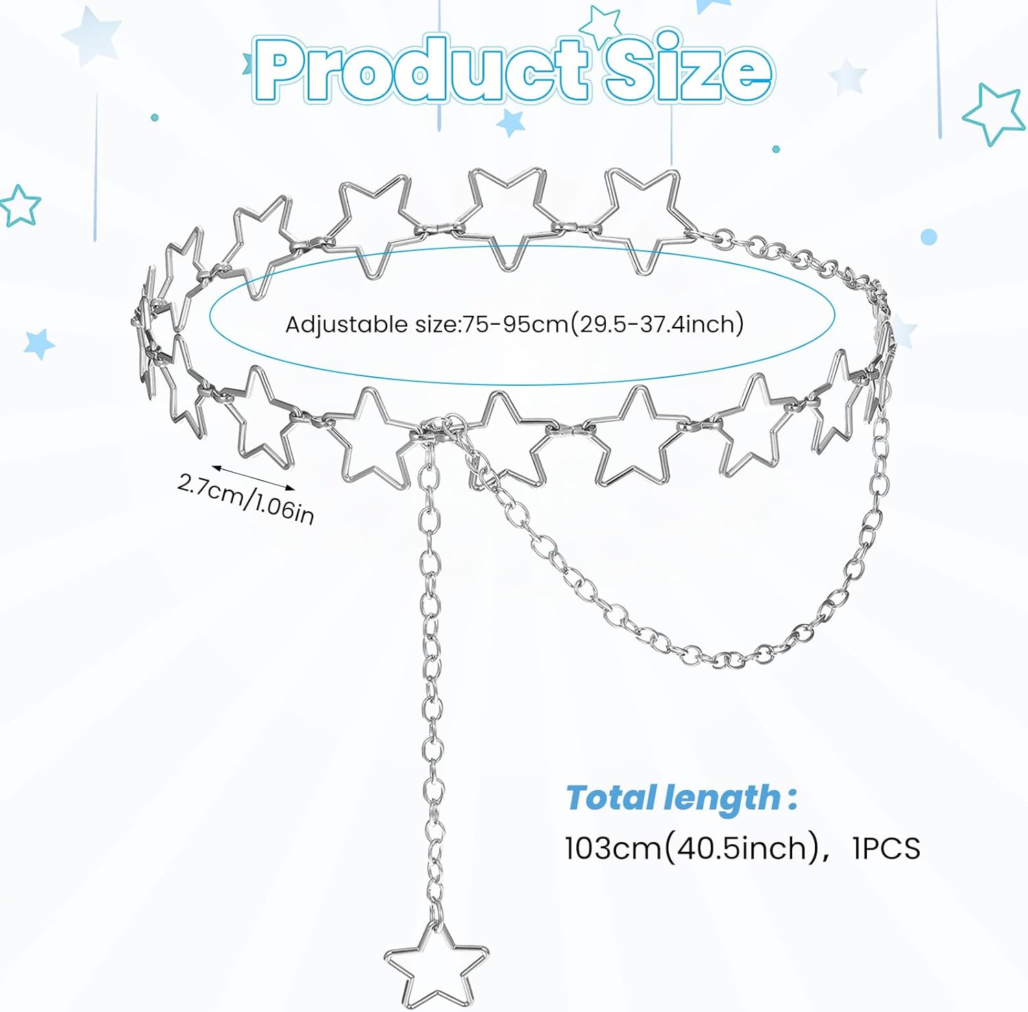 Star Waist Chain Belt, Adjustable Silver Belt Chain, Decorative Y2k Metal Belts Accessories for Women Girls Jeans Casual Pants Dresses Skirts - Image 2
