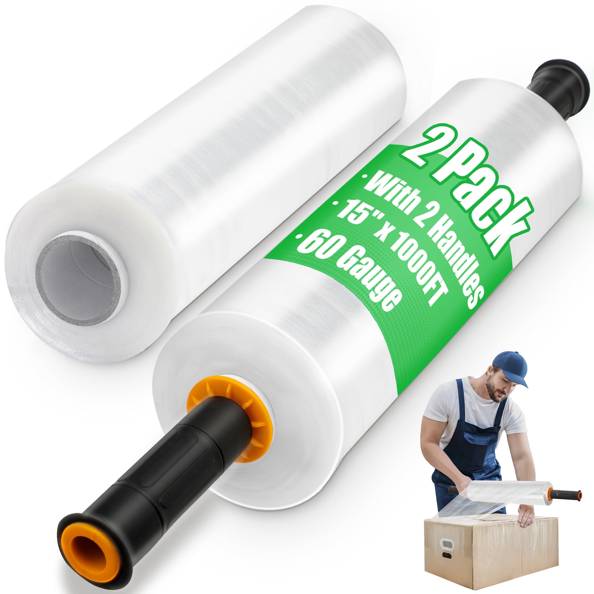 2 Pack Plastic Wrap for Moving with Handles, 15 Inch x 1000ft Stretch Film Roll, Industrial Strength Shrink Wrap for Furniture, Pallet, Packing, Shipping & Storage Protection