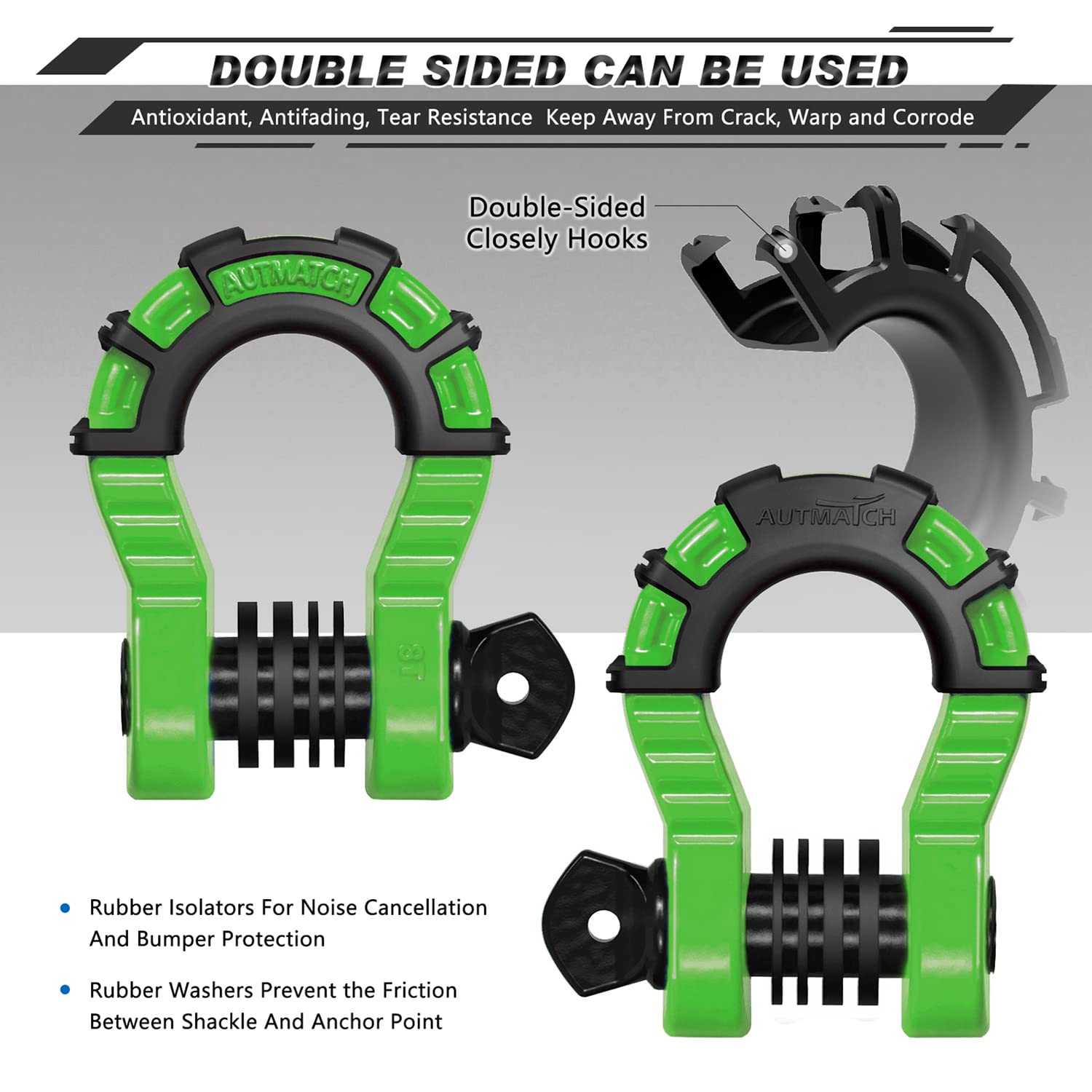 AUTMATCH Shackles 3/4 D-ring beugel (2 stuks) 68.000 Ibs breeksterkte met 7/8 schroefpin en beugel isolator en ringen kit voor sleepriem lier off-road voertuig herstel mat zwart