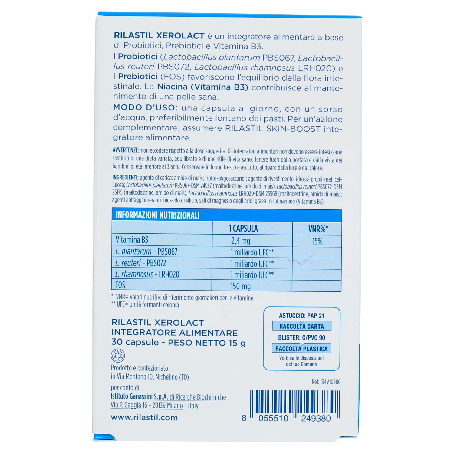 Rilastil Xerolact Integratore Alimentare a Base di Probiotici, Prebiotici e Vitamina B3, per Pelle a Tendenza Atopica, 30 Capsule